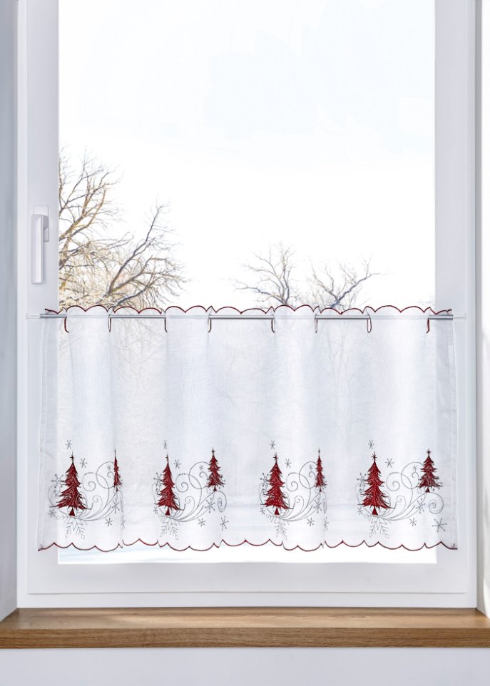 Scheibengardine mit weihnachtlicher Stickerei