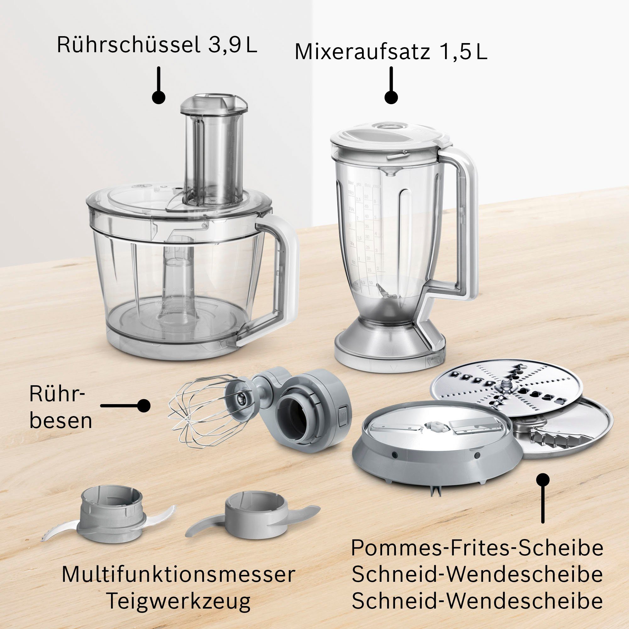 BOSCH Kompakt-Küchenmaschine MultiTalent 8 MC812S814, 1250 W, 3,9 l Schüssel, 3,9l Schüssel, 1,5l Mixaufsatz, Rührbesen, Universalmesser, 3 Scheiben