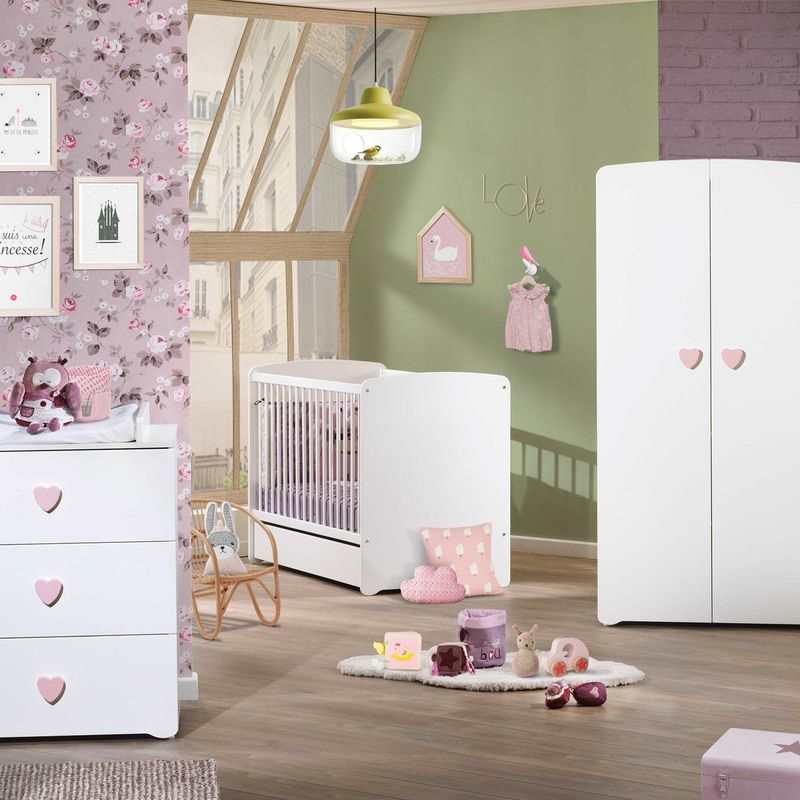 Chambre bébé 3 pièces BASIC lit, commode et armoire boutons rose