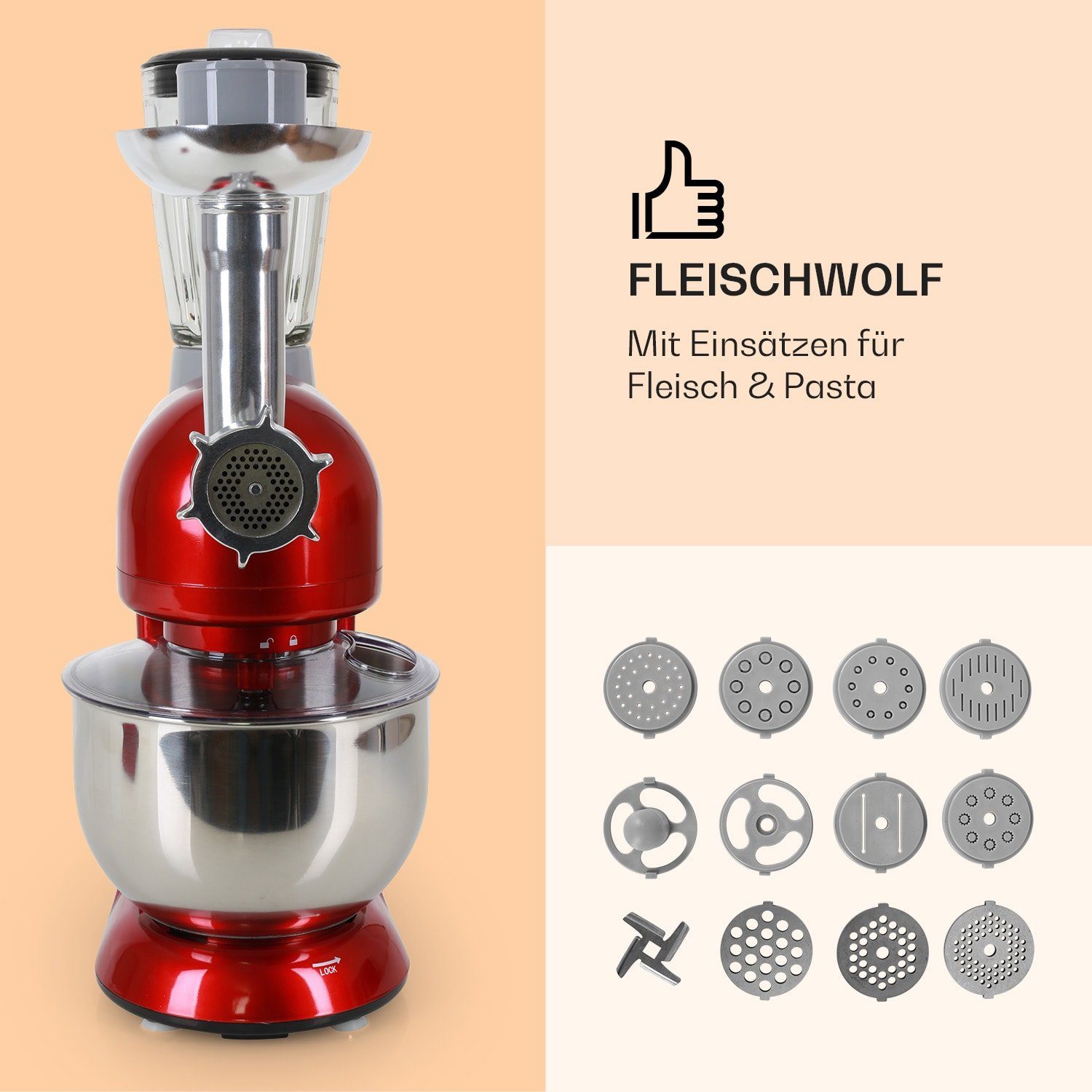 Klarstein Küchenmaschine mit Kochfunktion Lucia Rossa, 2000 W, 5.2 l Schüssel, Knetmaschine Teigmaschine Teigknetmaschine Rührmaschine Fleischwolf