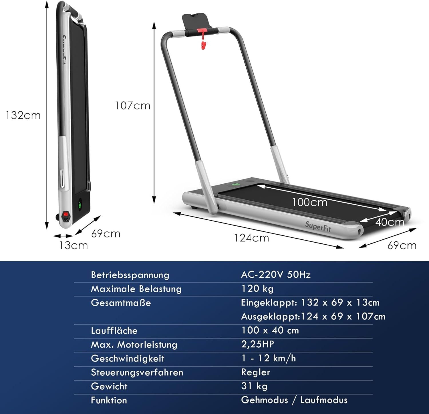 COSTWAY Laufband (2 in 1 Laufband klappbar 2,25HP, Walking Pad unter dem Schreibtisch), mit APP, Bluetooth und Fernbedienung, 1-12 km/h, Laufband für Zuhause