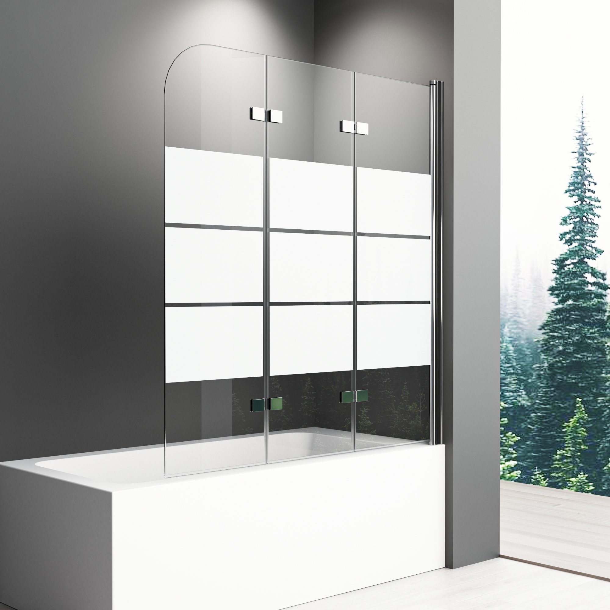 Boromal Badewannenaufsatz Schwarz Chrom 3 teilig faltbar 120x140 130x140 Duschwand für Badewanne, Milchglas, Sicherheitsglas, verstellbar Alu Wandprofil, Beidseitig 180° schwenkbar, komplett faltbar