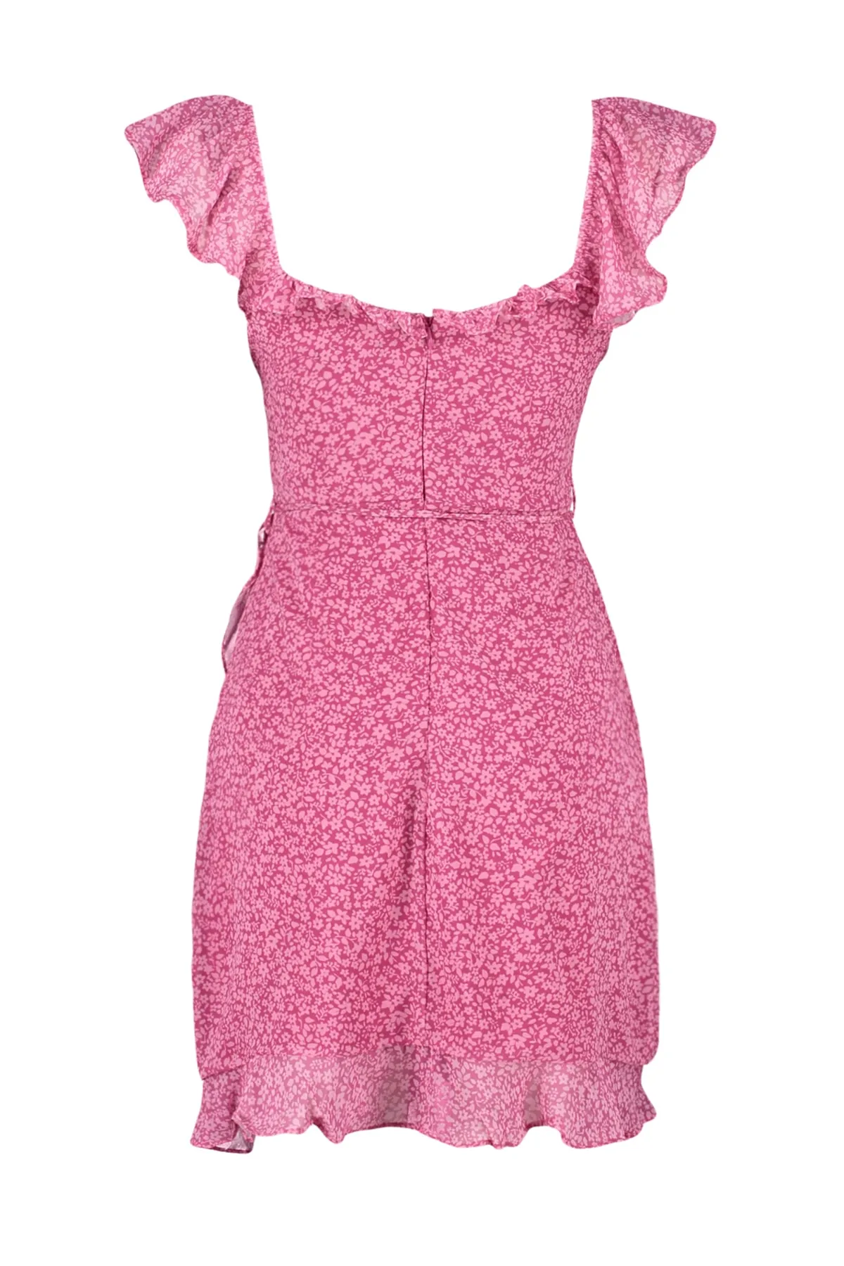 Trendyol Collection  Fuchsiafarbenes, zweireihiges, gefüttertes Mini-Webkleid mit Rüschen TWOSS23EL01781