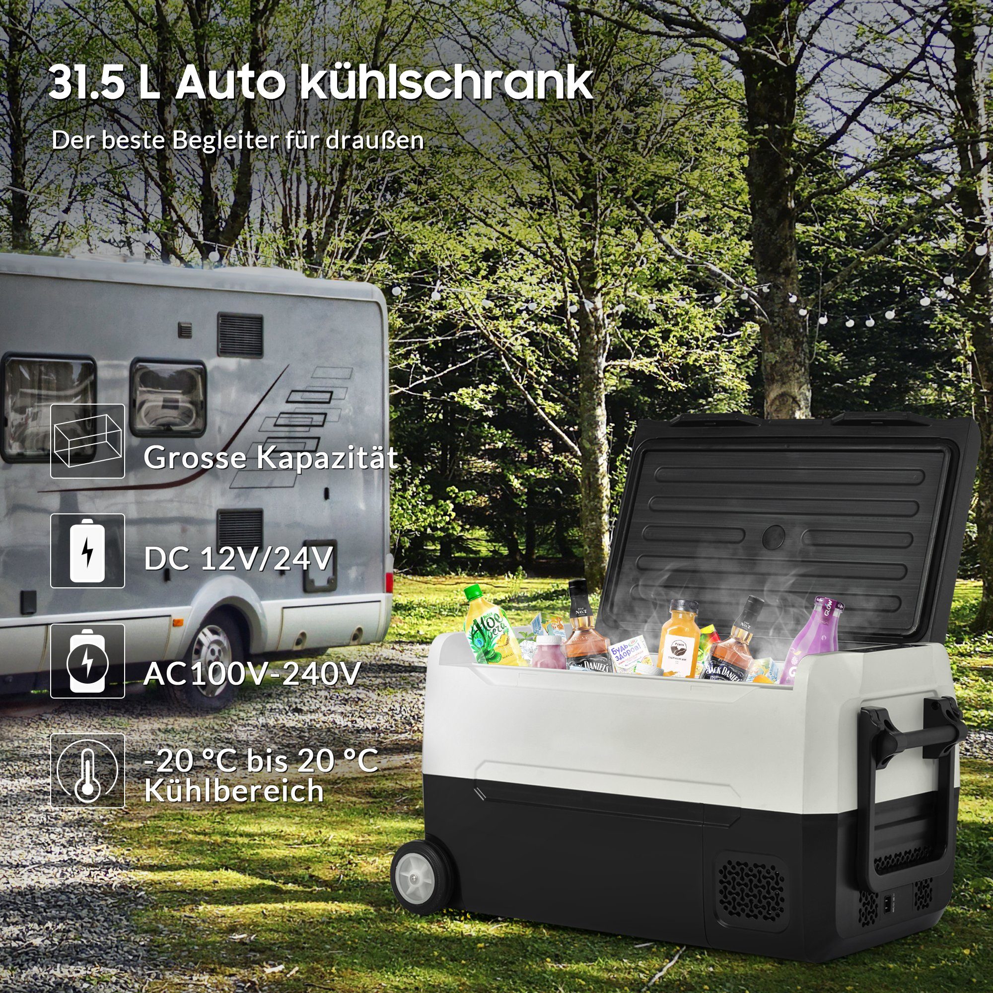 Fangqi Kühlbox 31,5 Liter tragbarer Gefrierschrank 12/24 V und 100-240 V AC,Kühlgerät, Geeignet für Autos, Wohnmobile,Camping,Reisen und den Heimgebrauch