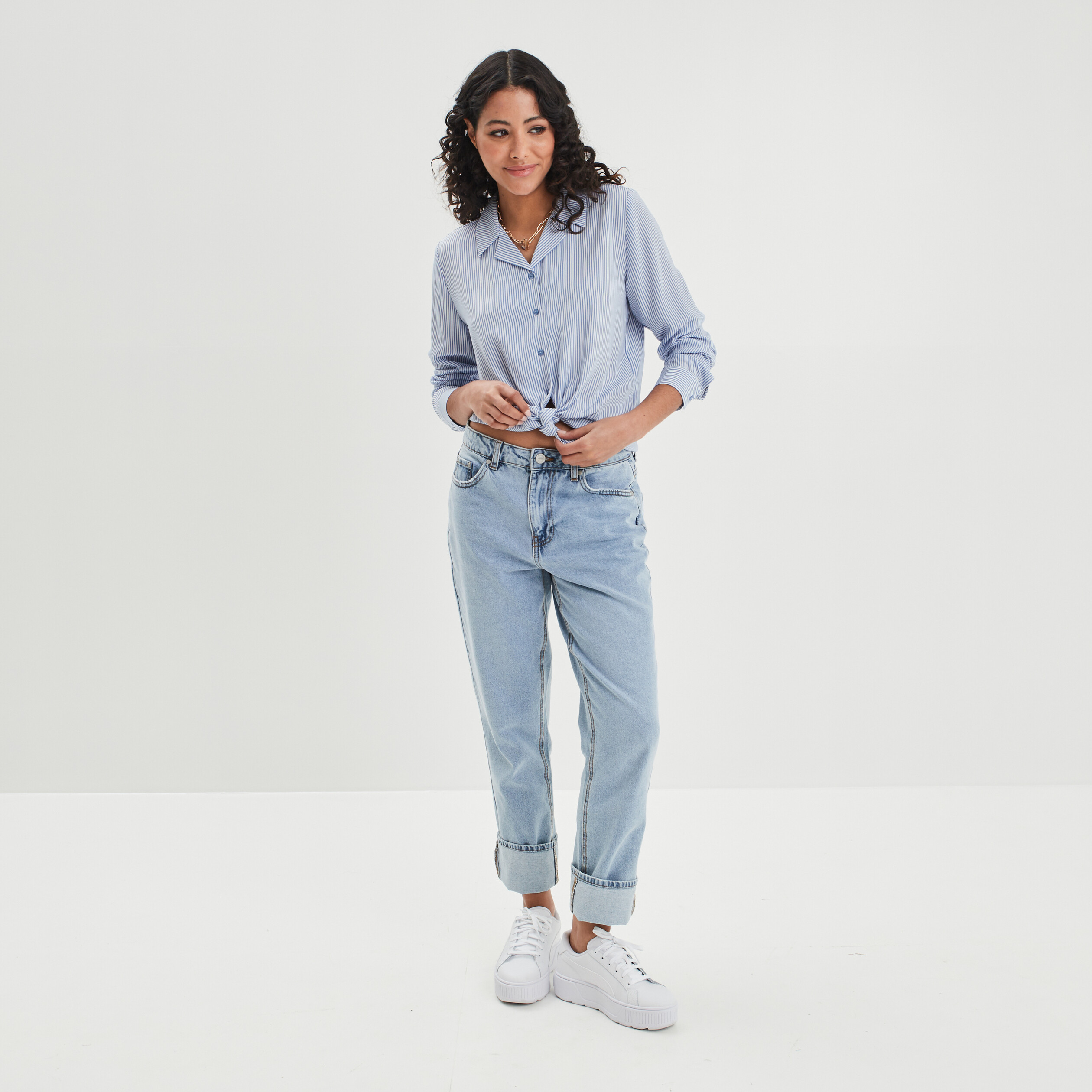 Chemise cropped manches longues nouée bleu ciel femme | La Halle