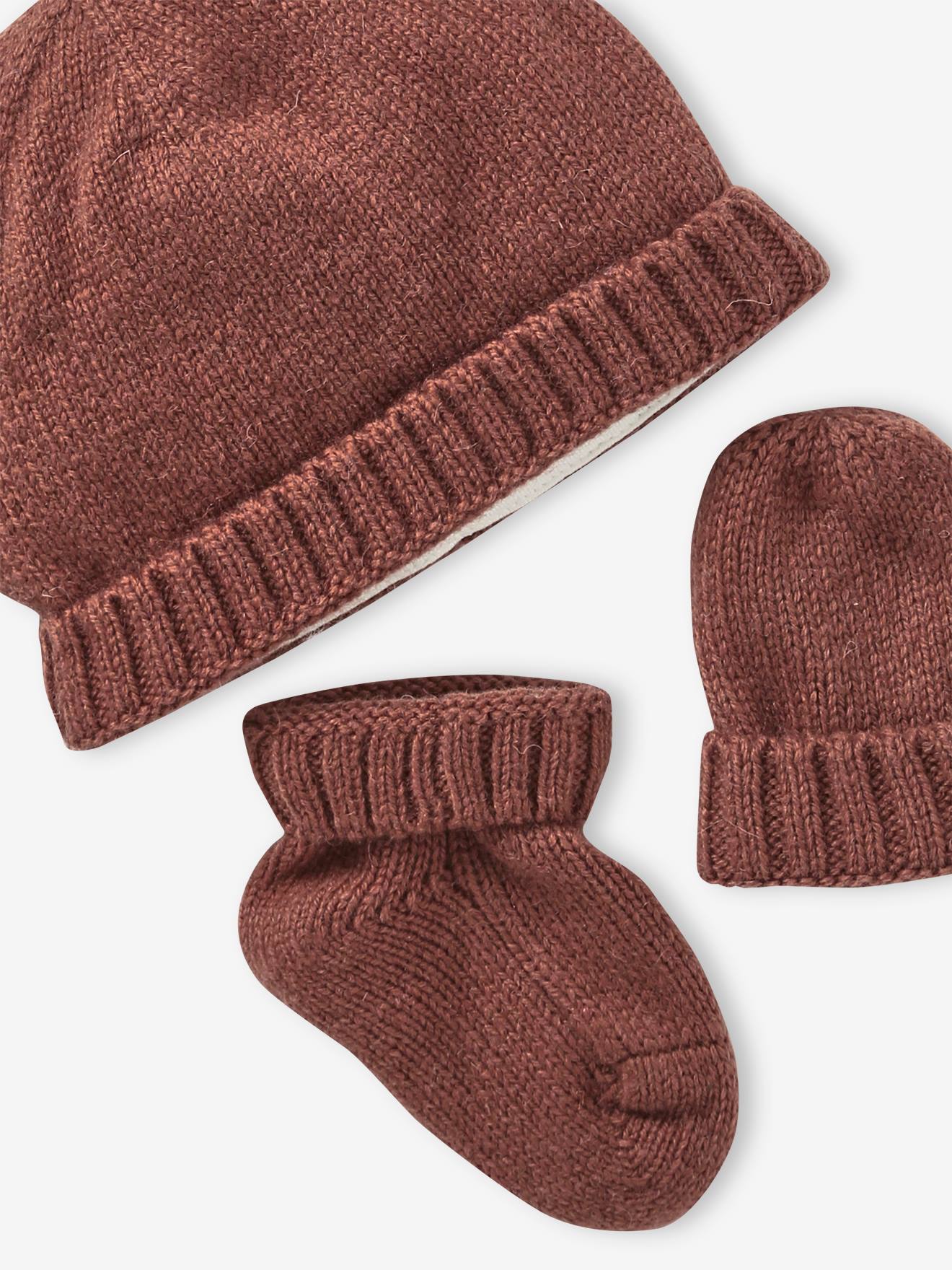 Vertbaudet Baby-Set aus Strick: Mütze, Fäustlinge & Schühchen - beige meliert