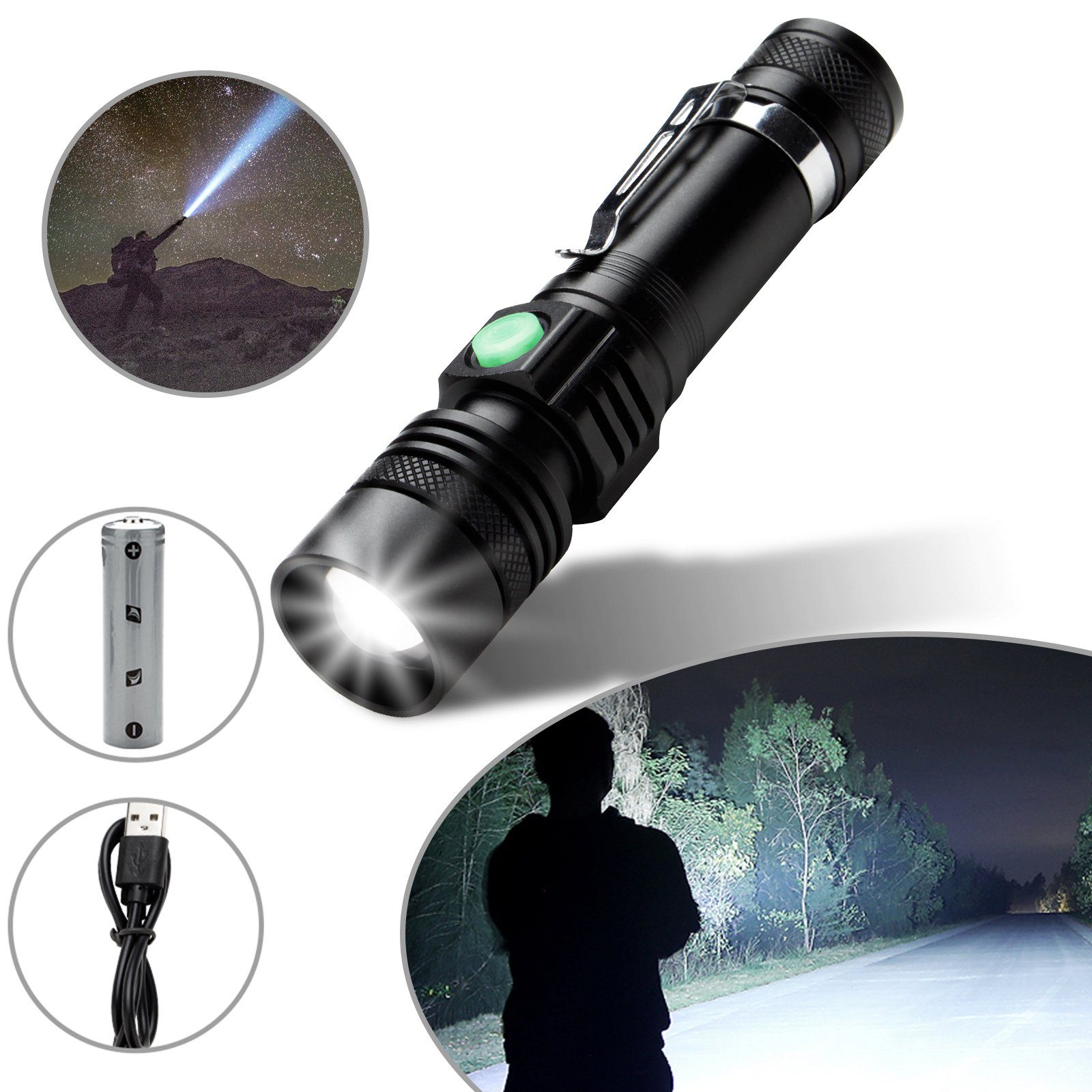 Clanmacy LED Taschenlampe LED Taschenlampe, 500 Meter Reichweite Leistungsstark mit USB Wiederaufladbarer Superhelle Taktische Lampe IPX4 Wasserdicht, 18650 Batterie für Jagd Taschenlampe (1-St)