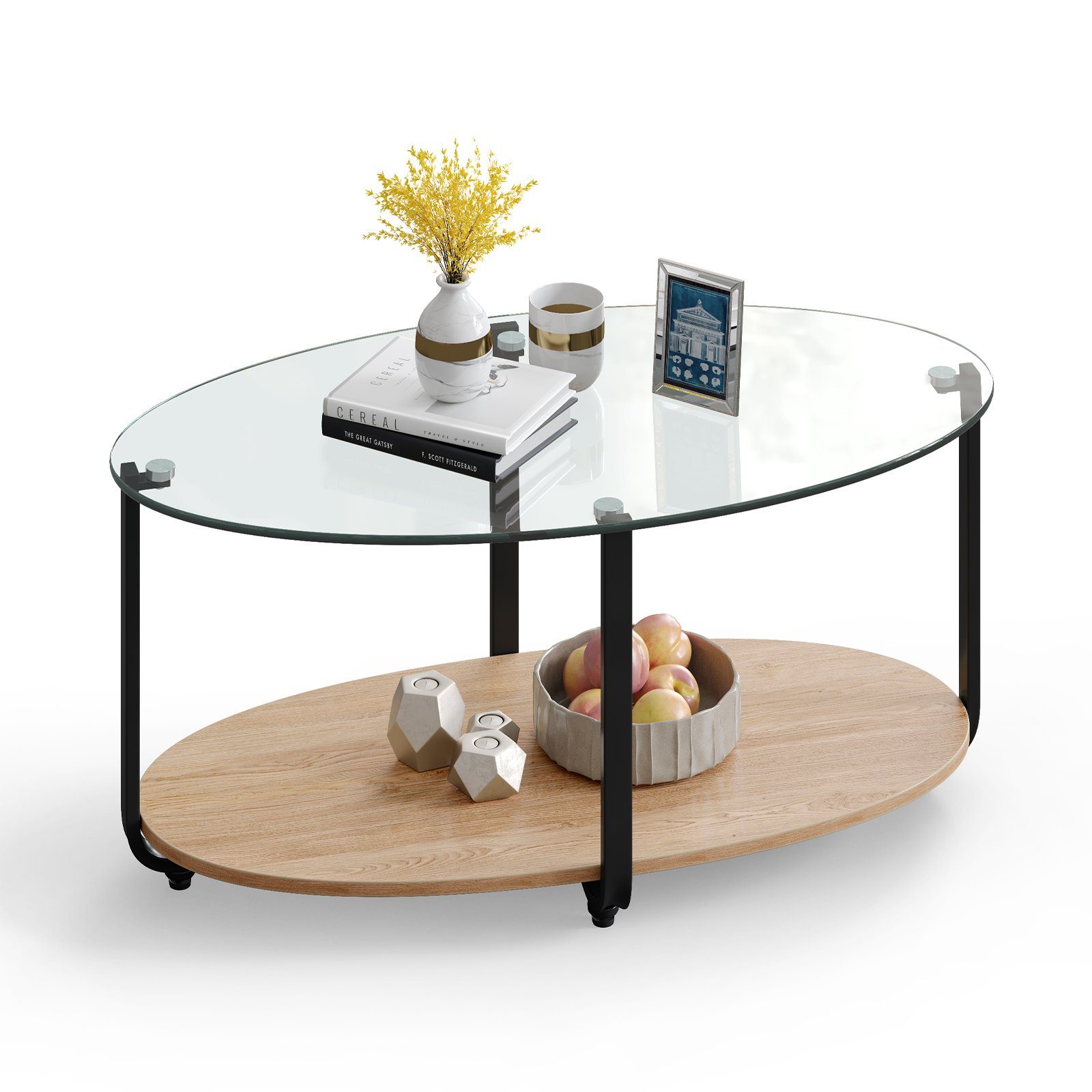 COSTWAY Couchtisch, Glas 2 Ebene mit Stauraum, Metallrahmen, oval, 95x50x44cm
