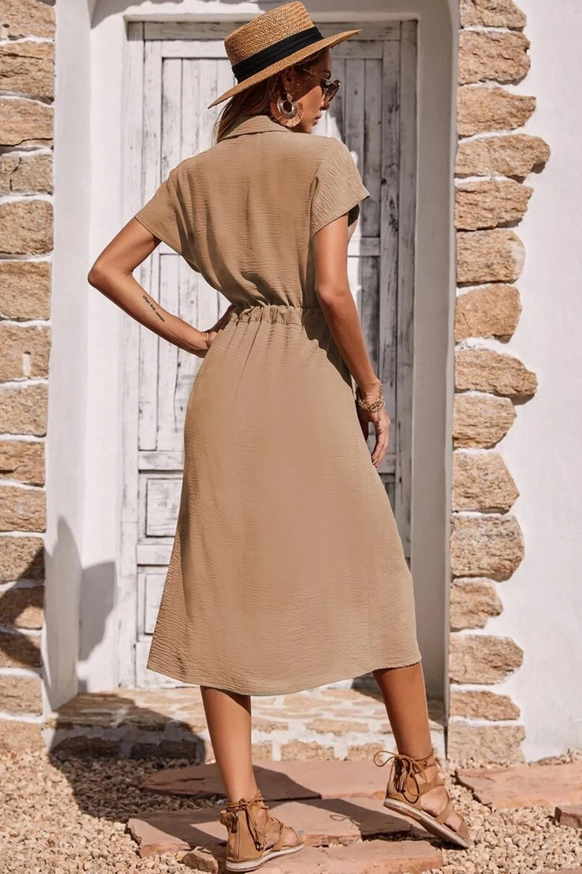 Madmext  Beiges langes Kleid mit Hemdkragen Mg1743
