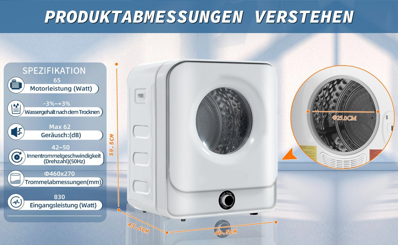 Fangqi Ablufttrockner Edelstahltrockner, 830W,Mehrfachfiltration,5 Programme,wandmontierbar, 3 kg, 3kg, tatsächlich bis 4,5kg, Überhitzungsschutz