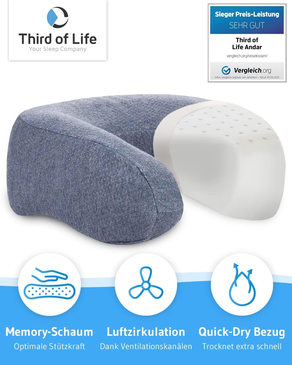 Third of Life Nackenhörnchen Nackenkissen ANDAR aus Visco Schaum, Ergonomisches Reisekissen mit Thermo-Bezug, Für Allergiker geeignet