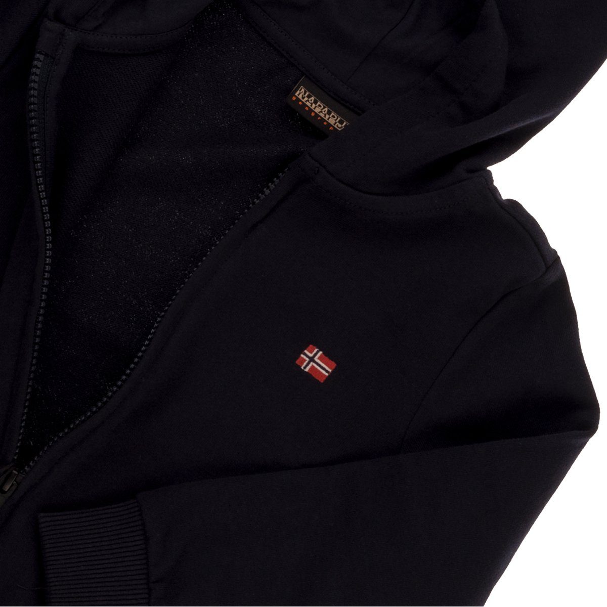 Napapijri Kapuzenstrickjacke NP0A4G3X für Kinder mit aufgestickter norwegischer Flagge auf der Brust