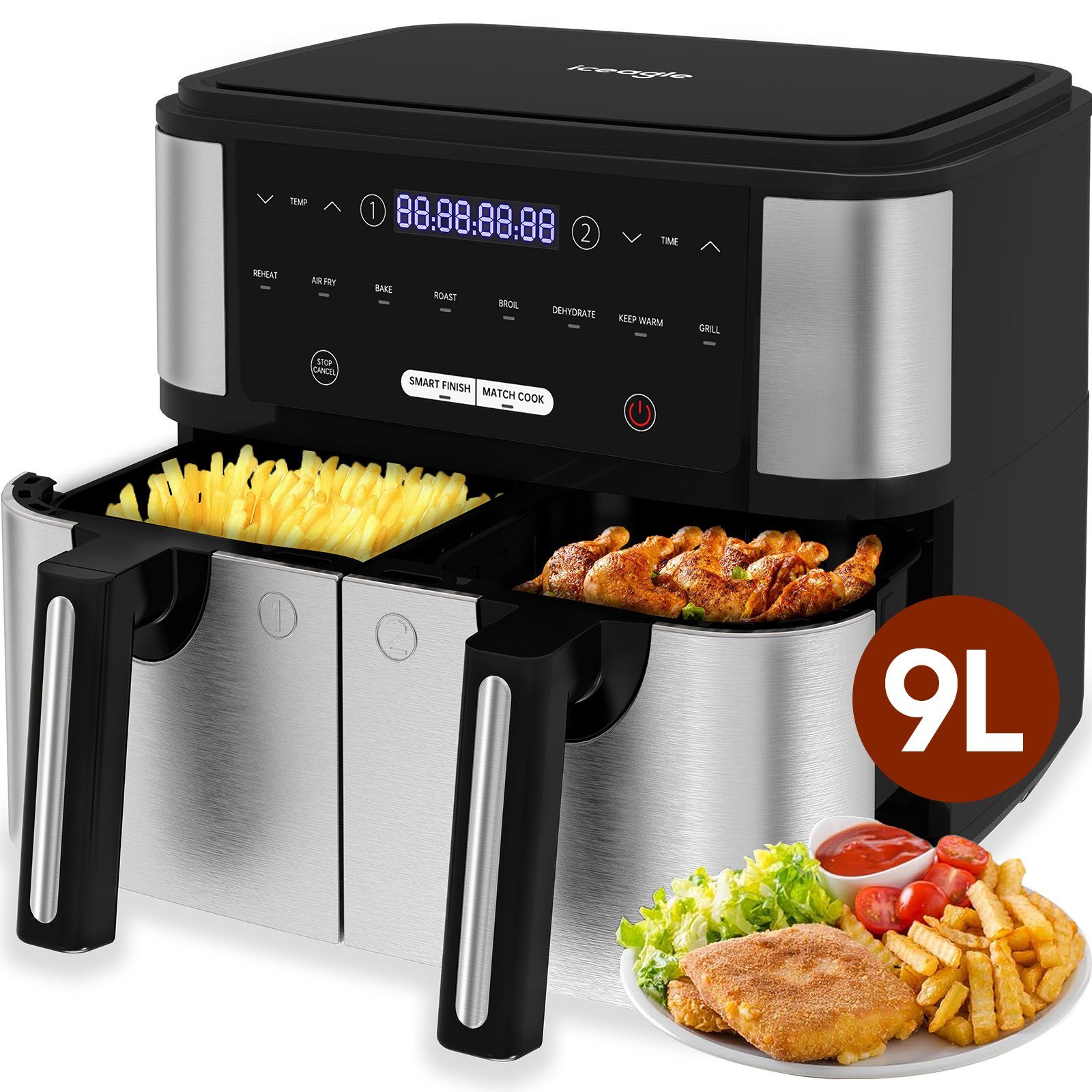 iceagle Heißluftfritteuse Heißluftfritteuse 9L mit 2 Frittierfächern, Air Fryer, 2600,00 W, 4.5L+4.5L, Ohne Öl Fritteuse Heizluft LED-Touchscreen Edelstahl