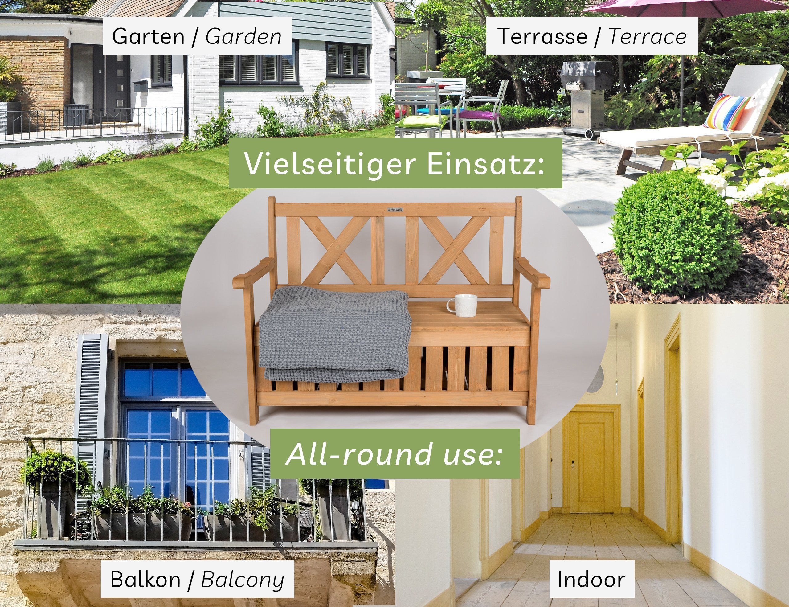needs&wants® Gartenbank Holz wetterfest mit Stauraum, Truhenbank Holzbank Sitzbank Truhe braun