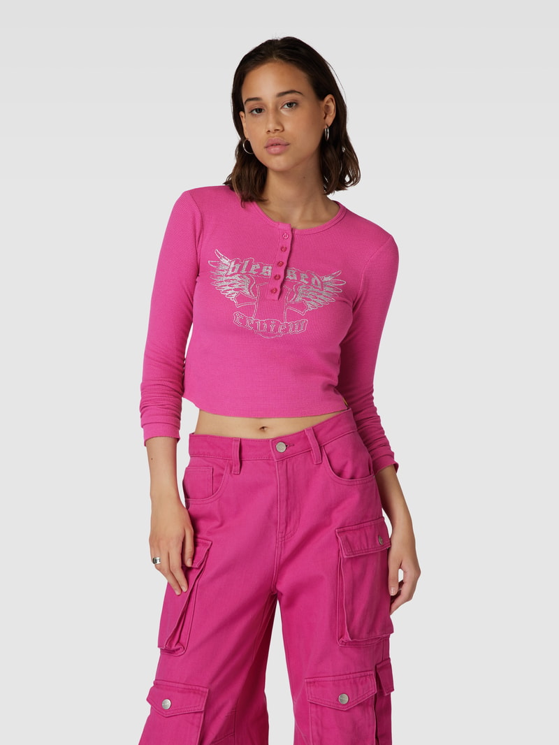Longsleeve mit Statement-Print Modell 'HENLEY WAFFLE' in fuchsia