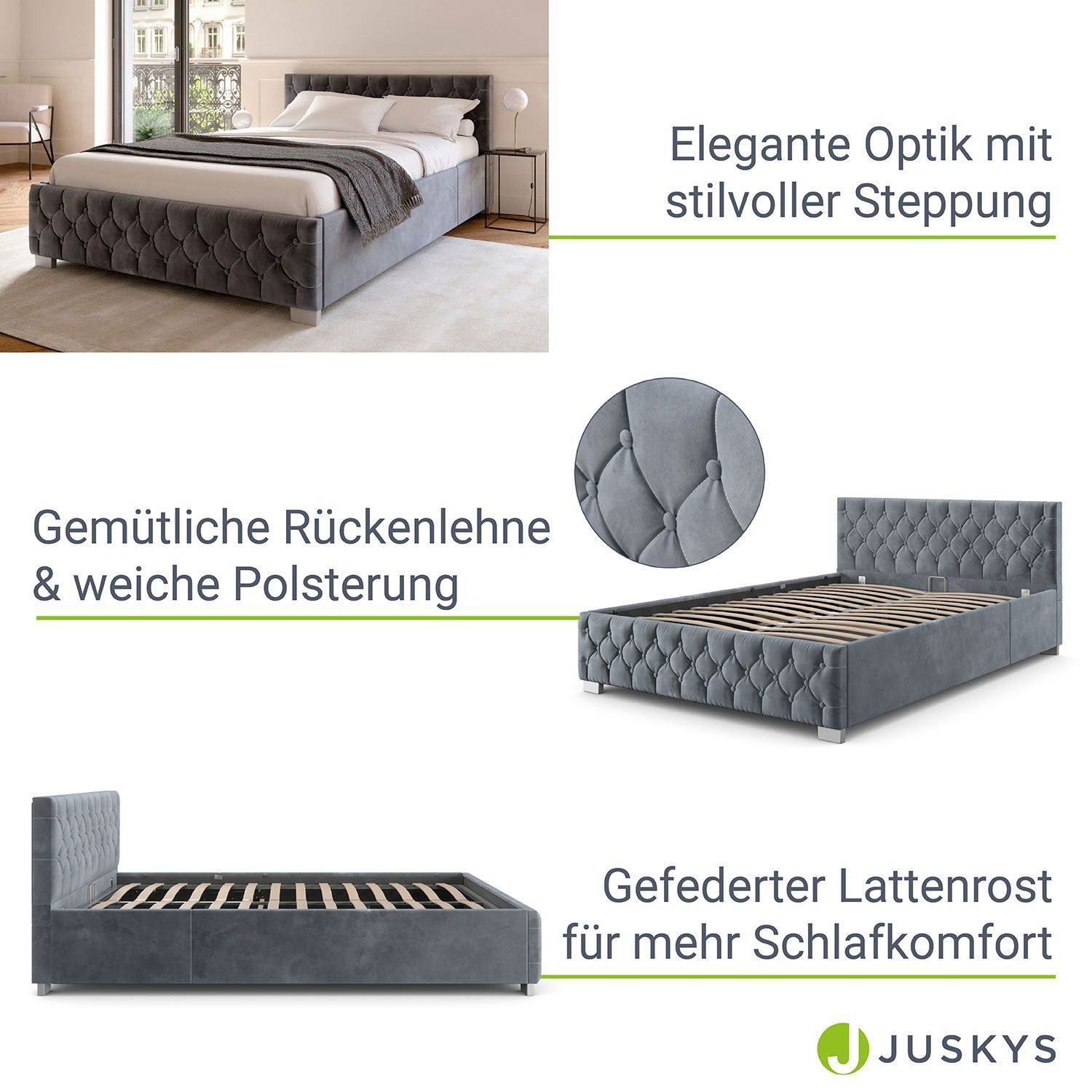 Juskys Polsterbett Nizza, Bettkasten, LED Licht, Chesterfield Steppung, Samtbezug