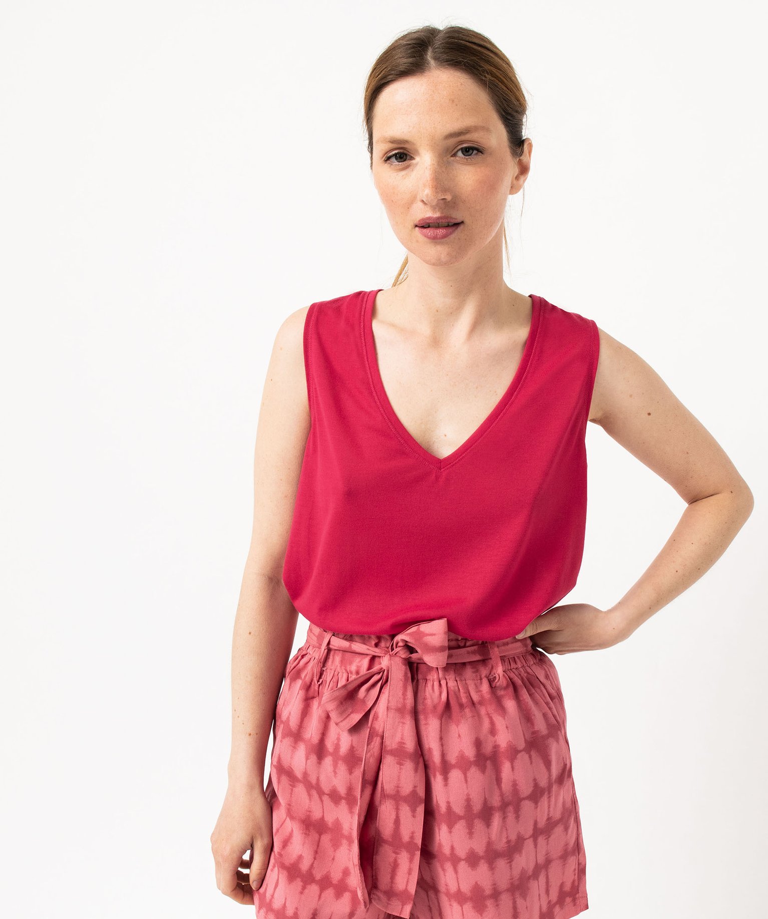 Débardeur col V en maille fluide femme rose | GEMO