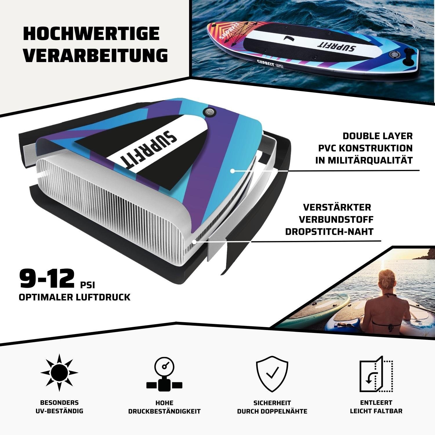 SF SUPRFIT SUP-Board Stand-Up-Paddling Board Optical, als aufblasbares Komplett-Set, Stand Up Paddle Board mit doppelter PVC Schichtung, Optimal ab 60 kg, max 140 kg - 330 x 78 x 15 cm