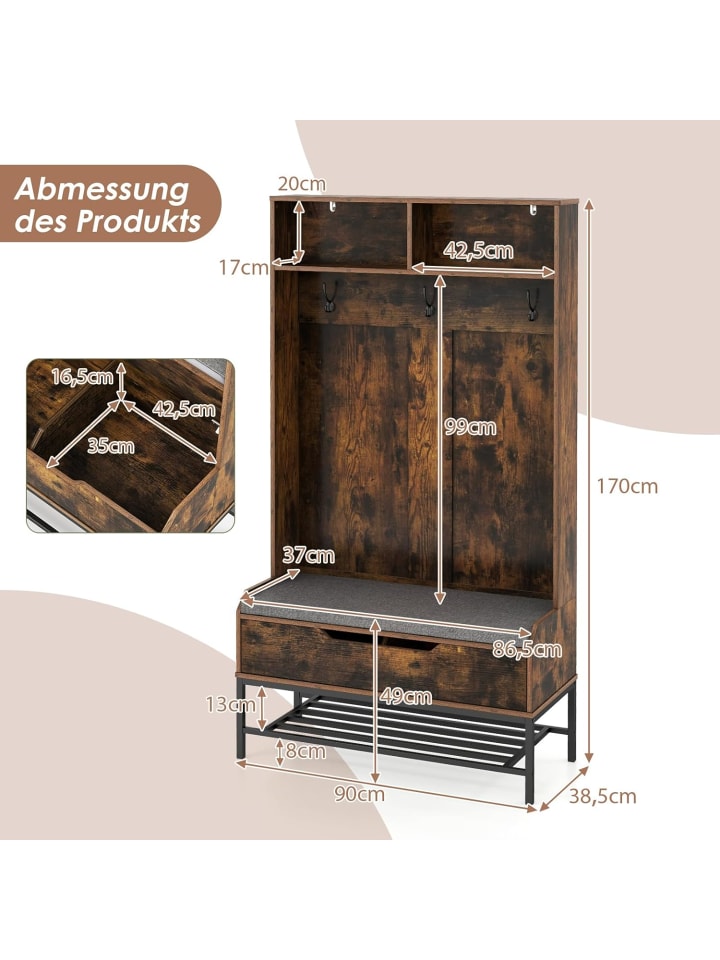 COSTWAY Garderobenständer mit Sitzbank 90 x 38,5 x 170 cm in Braun günstig kaufen onesize