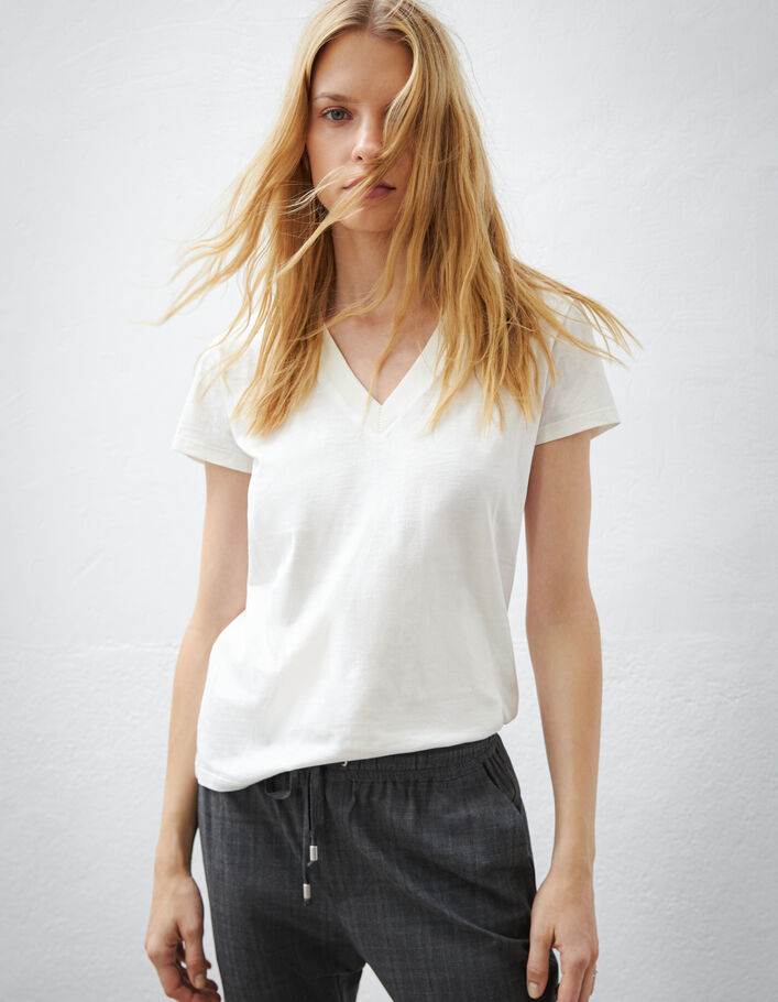 Tee-shirt blanc cassé en coton éclair brodé manche femme