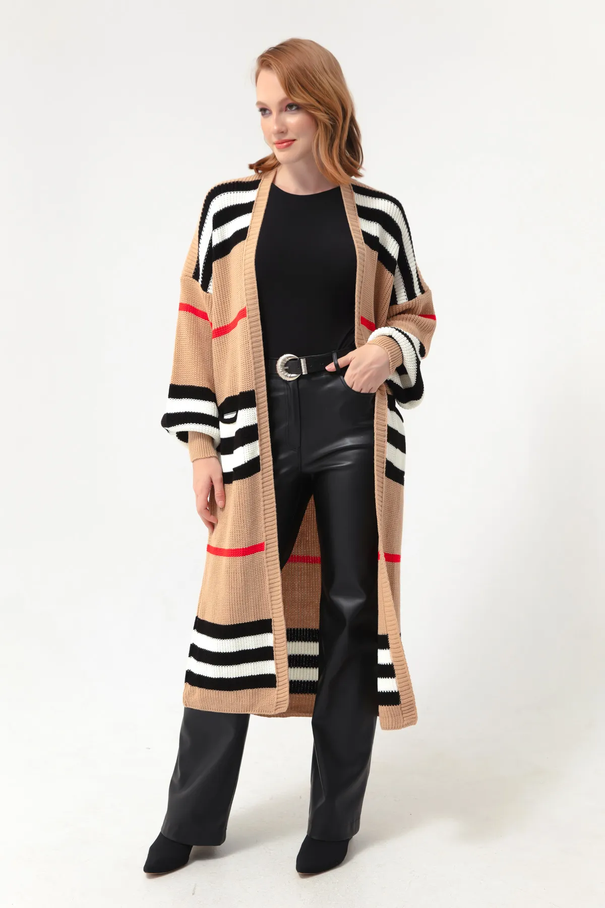 Lafaba  Hellbraun-schwarzer, langer Strick-Cardigan mit Ballonärmeln für Damen