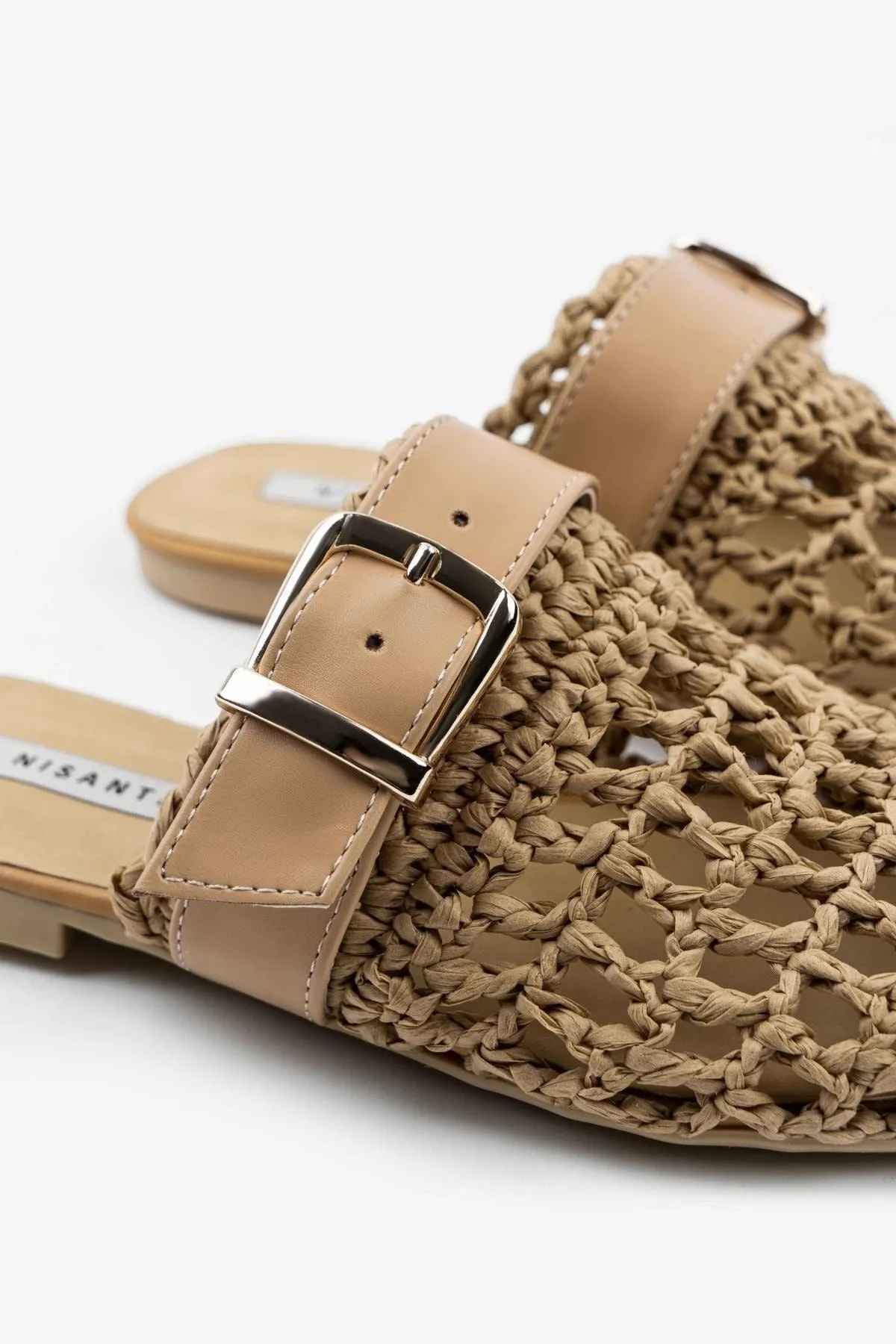 NİŞANTAŞI SHOES  Beste braune gestrickte Damenhausschuhe mit Gürteldetail und flacher Sohle