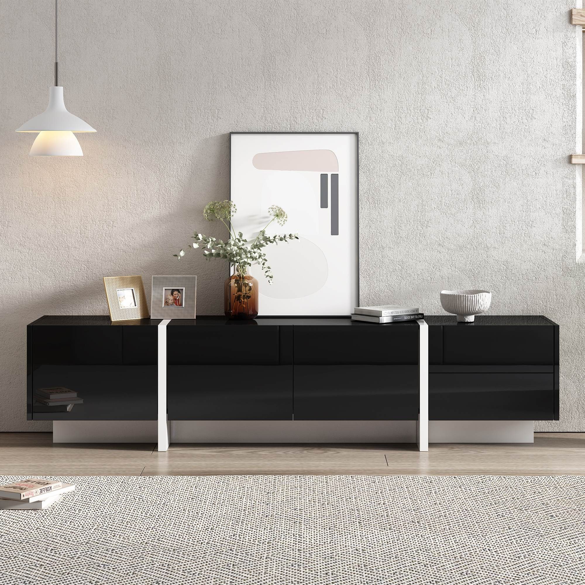 BlingBin TV-Schrank niedriges Paneel mit farbblockierten Beinen in Hochglanz (1-St., 1er Set) 190 x 45 x 35 cm, Einfaches Liniendesign
