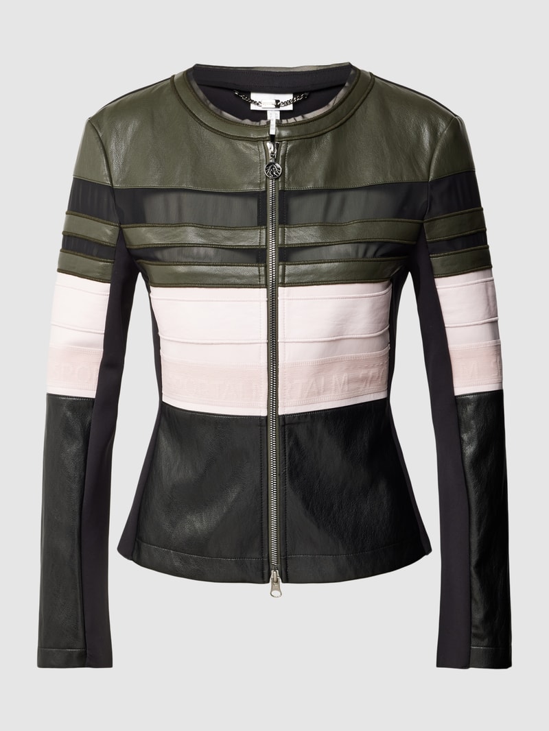 Jacke mit Kontrastbesatz in Leder-Optik in khaki