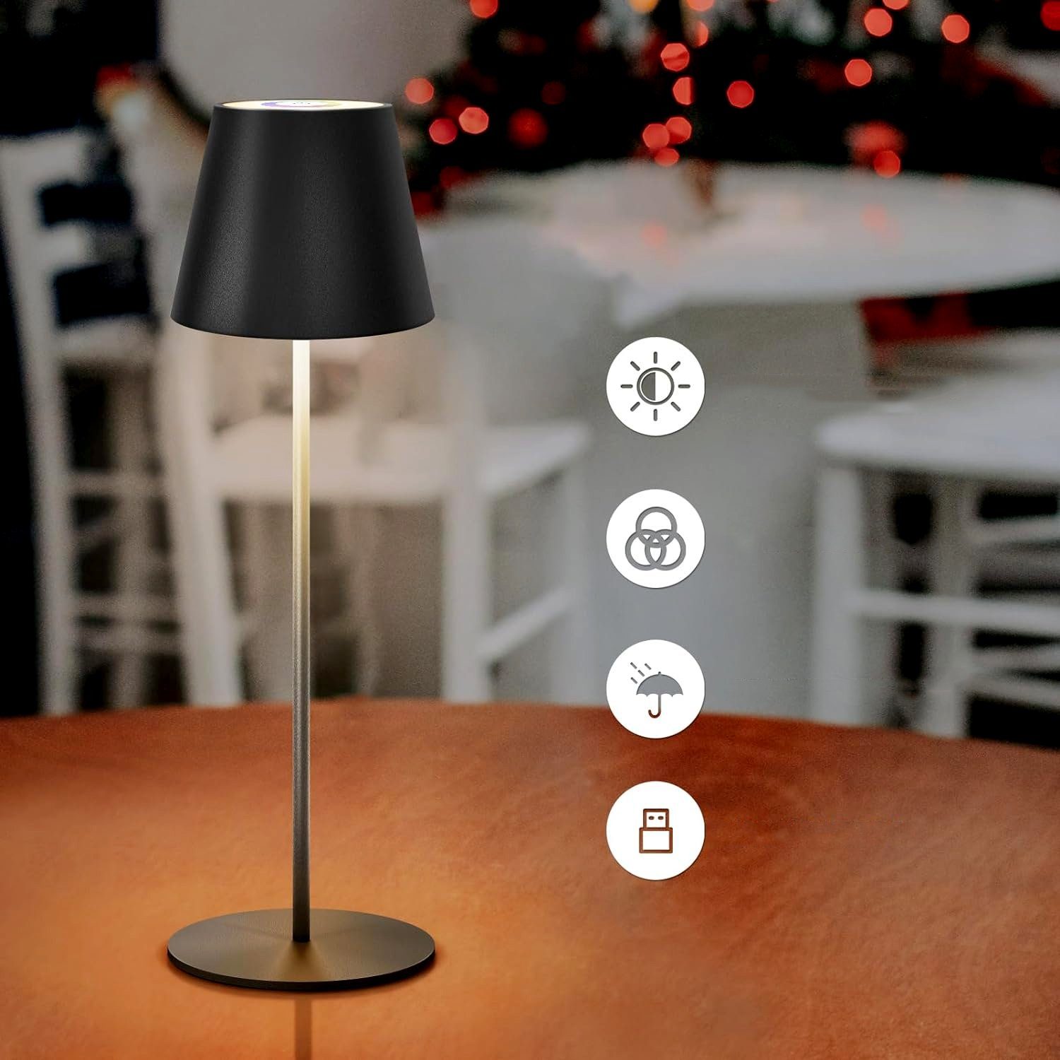 AKKEE LED Tischleuchte Außen-Tischleuchte Tischleuchten Kabellos Schwarz LED Tischlampe, Wiederaufladbar, LED fest integriert, 8 Farben verfügbar+ Dimmbare Tischleuchte, mit Touch-Schalter für Innen und Außenbereich