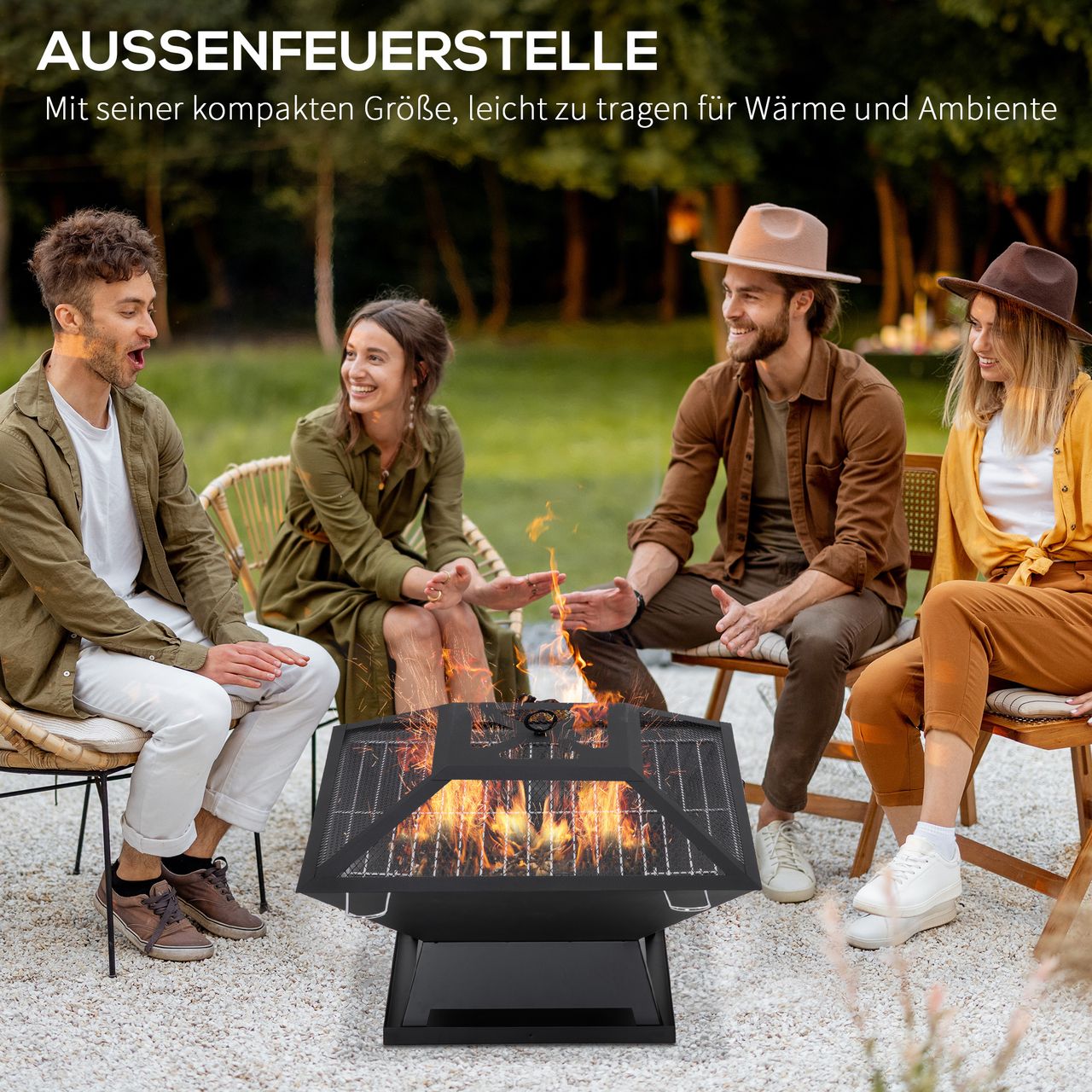 Outsunny Feuerschale mit Funkenschutz Grillrost Schürhaken Feuerkorb Feuerstelle für Garten Camping BBQ Stahl Schwarz 45 x 45 x 34 cm