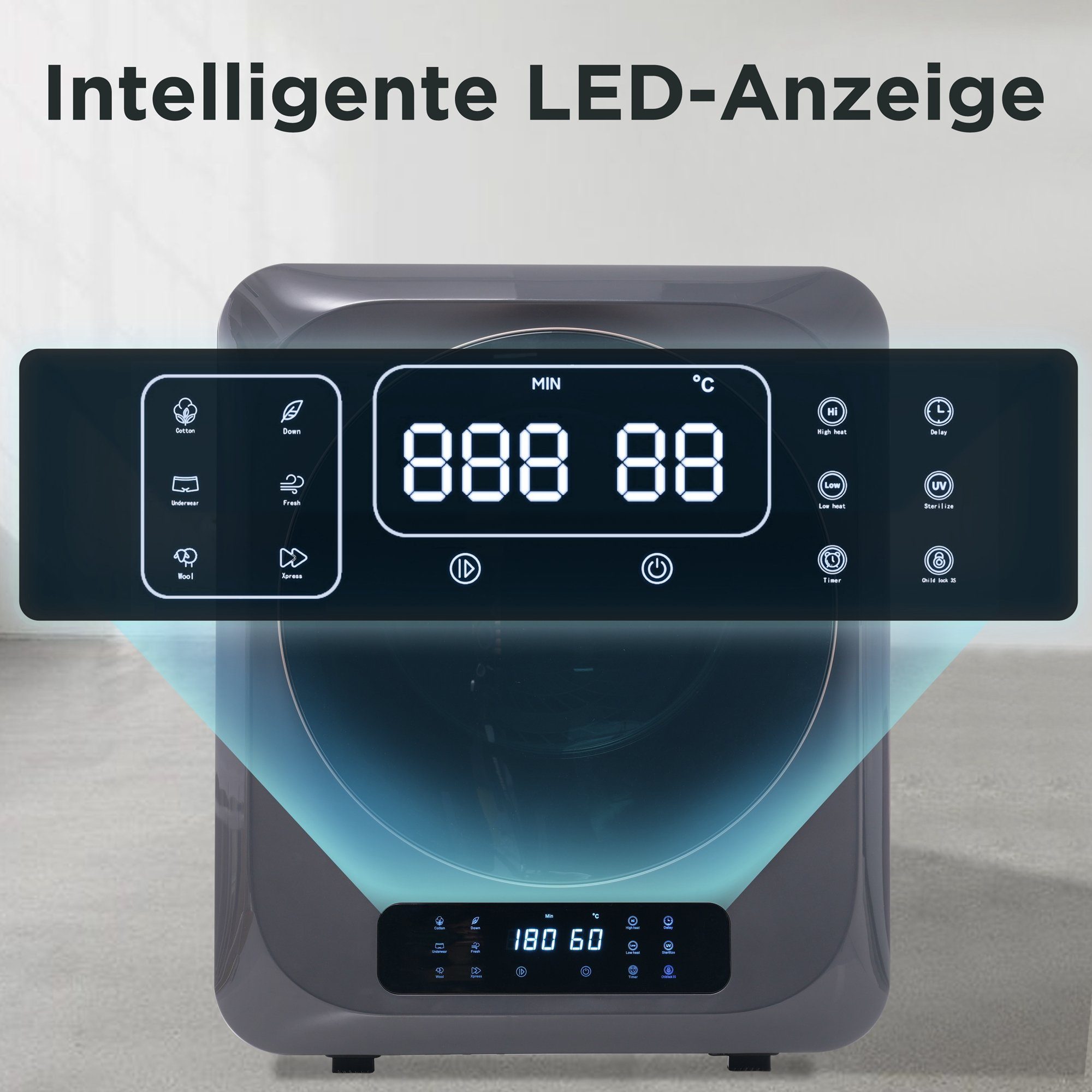 Fangqi Ablufttrockner Edelstahltrockner,Mehrfachfiltration,6 Programme,6 Funktionen,850W, 2.5 kg, 2,5 kg, tatsächlich bis zu 4 kg,Überhitzungsschutz,Wandmontage