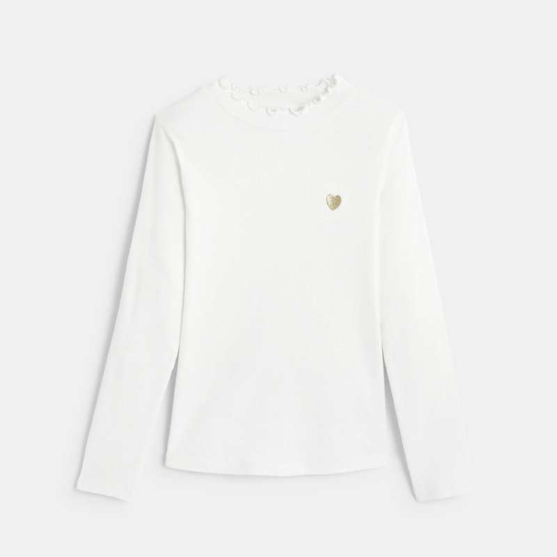 T-shirt côtelé broderie cœur blanc fille