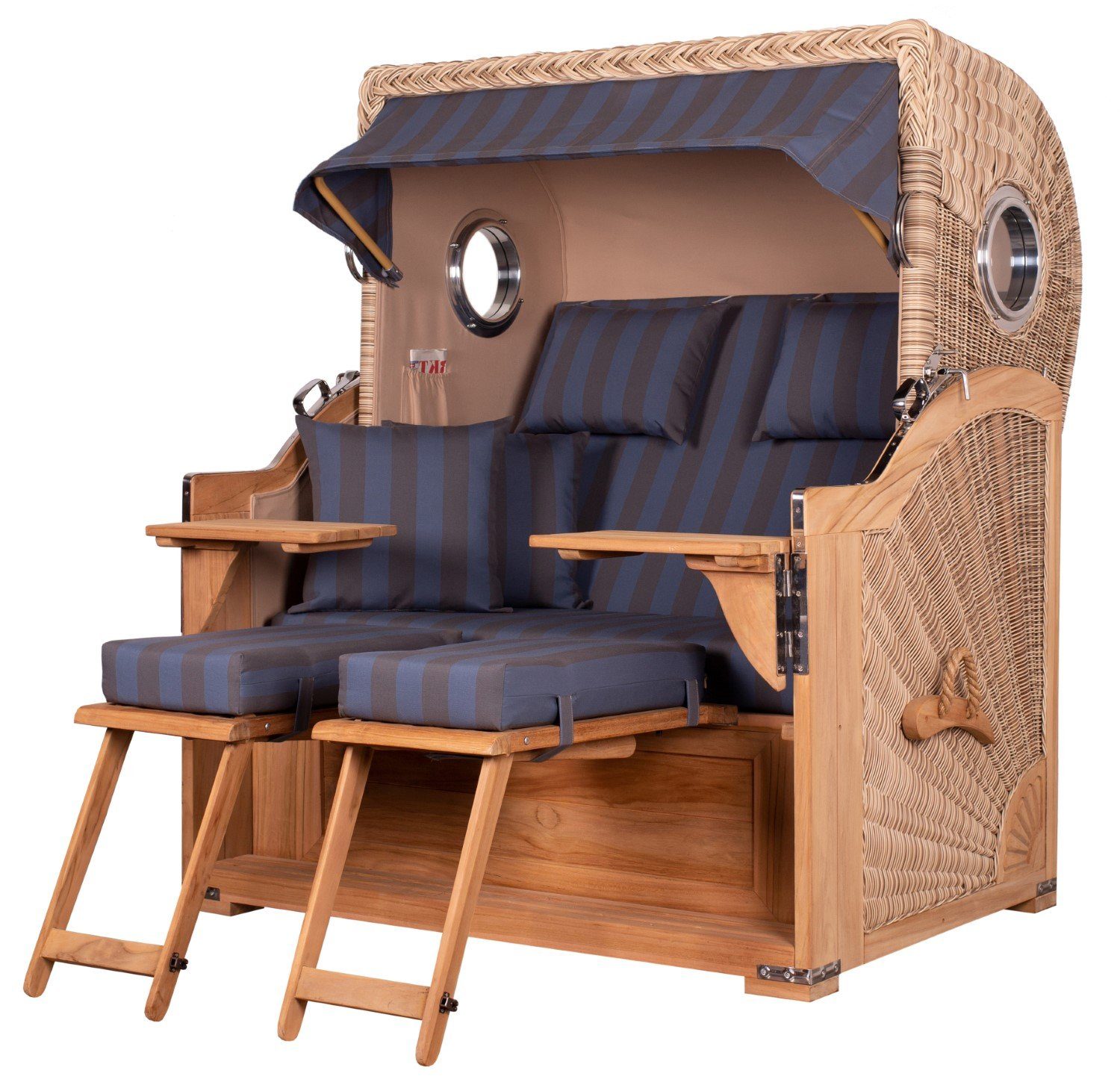 bene living Strandkorb Königssee 2,5-Sitzer Teak - PE shell - Modell 582, BxTxH: 142x95x170 cm, Volllieger ca. 175 Grad, Ostsee-Strandkorb Komplettset, inkl. Liftersystem und Bullaugen