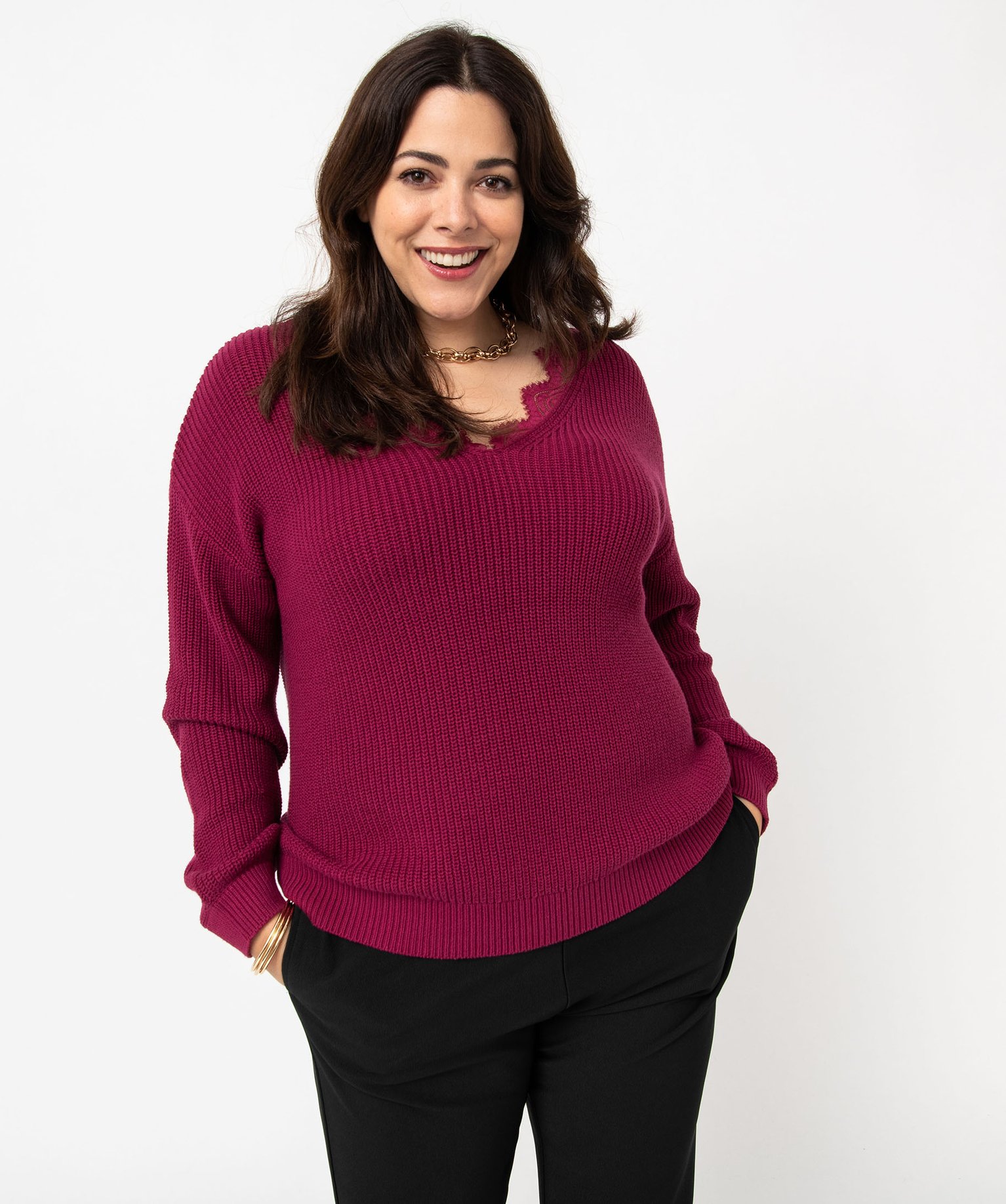 Pull grosse maille avec décolleté V en dentelle femme gran... bordeaux | GEMO