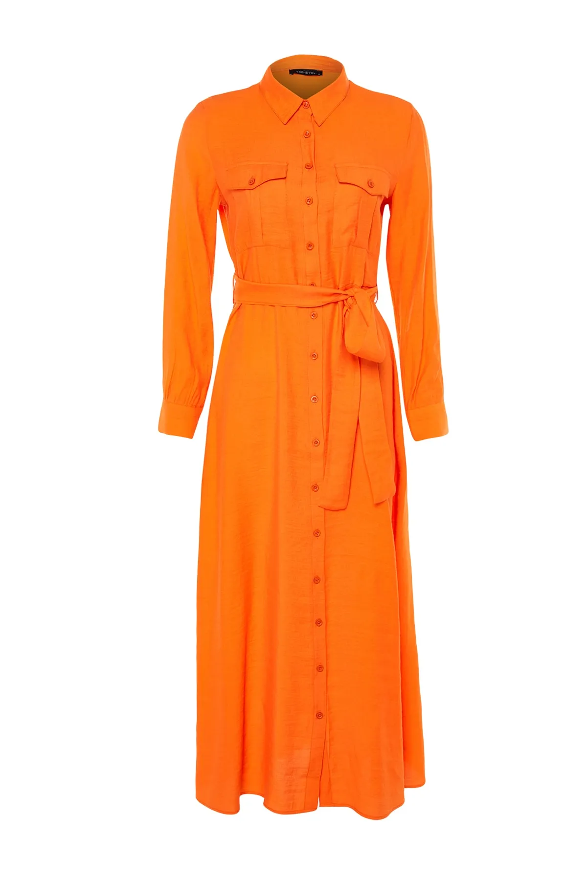 Trendyol Modest  Orangefarbenes, gewebtes Hemdkleid in Leinenoptik mit Gürteltaschen und detaillierten Details TCTSS23EB00059