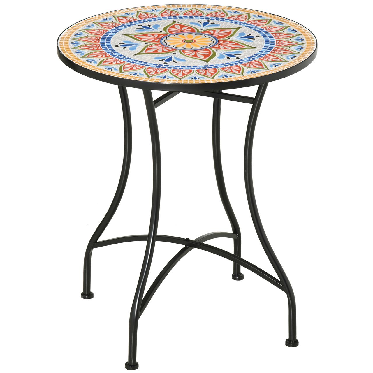 Outsunny Gartentisch Mosaiktisch rund Bistrotisch Beistelltisch mit Mosaikplatte Keramik Metall Rot Blau Weiß Ø60 cm