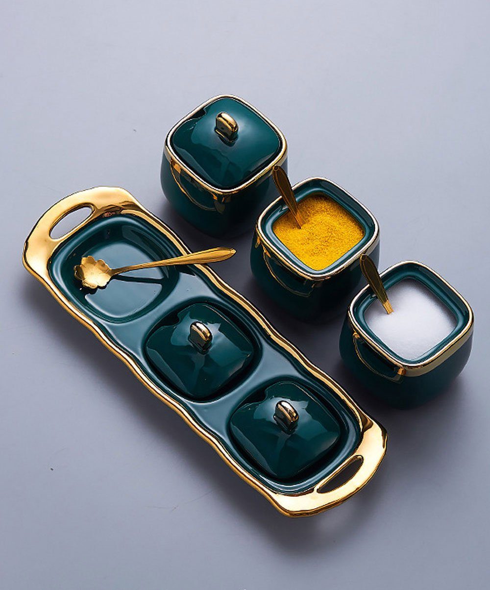 Sarfly Gewürzregal Keramik Gewürzgläser mit Deckel, Gewürzbox Set 3-tlg., mit Deckellöffel und Tablett für Küche Aufbewahrungs