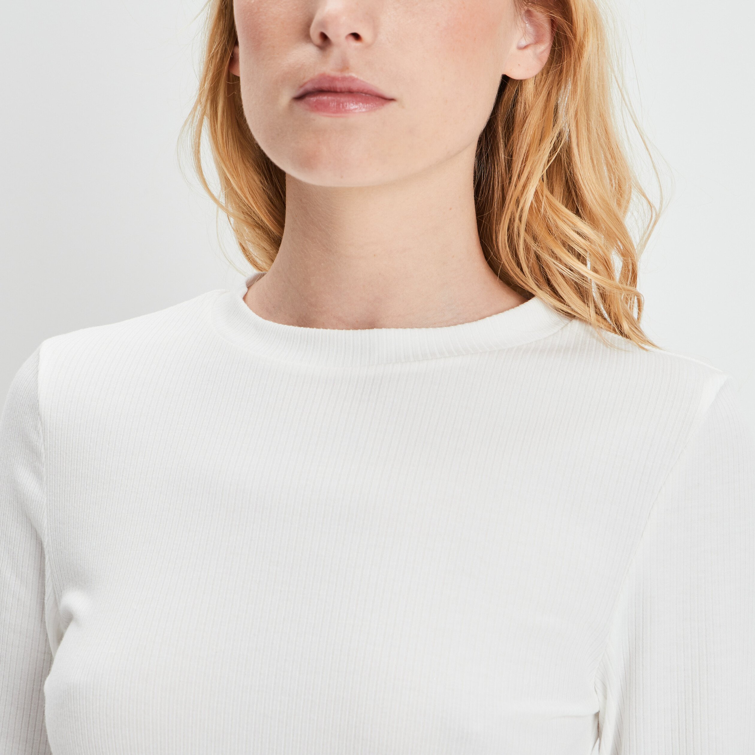 T-shirt côtelé manches longues blanc femme | La Halle