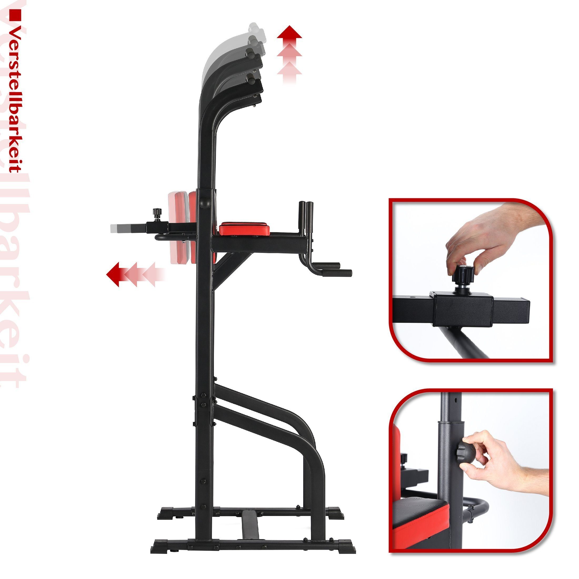 Zoomyo Trainingsstation Fitnessstation Power Tower, Kraftstation, (für ein abwechslungsreiches Training zuhause mit Dipstange, Klimmzugstange), Griffe für Liegestütze, größenverstellbar