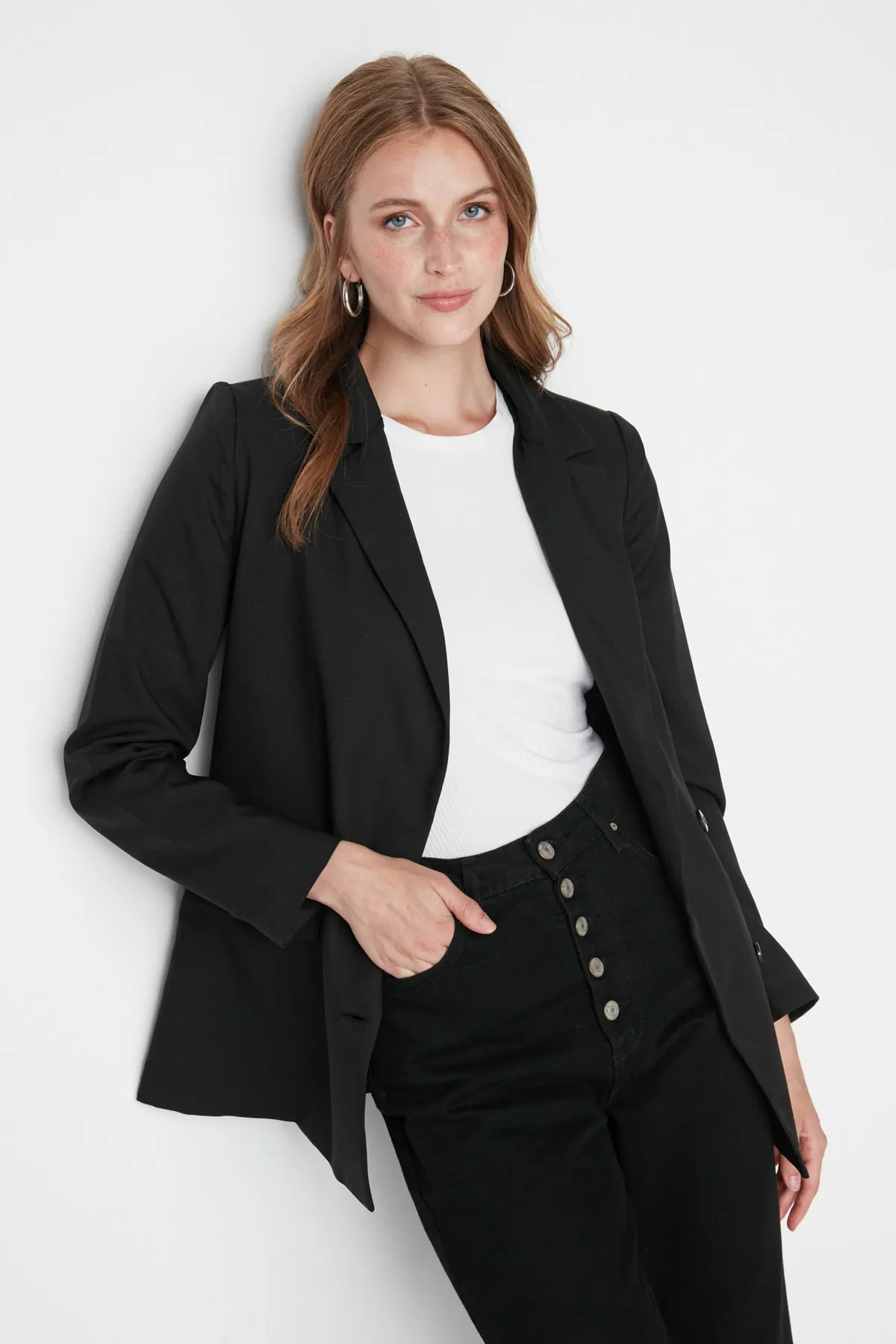 Trendyol Collection  Anthrazitfarbene, gefütterte, gewebte Blazerjacke mit Knopfleiste TWOAW21CE0264