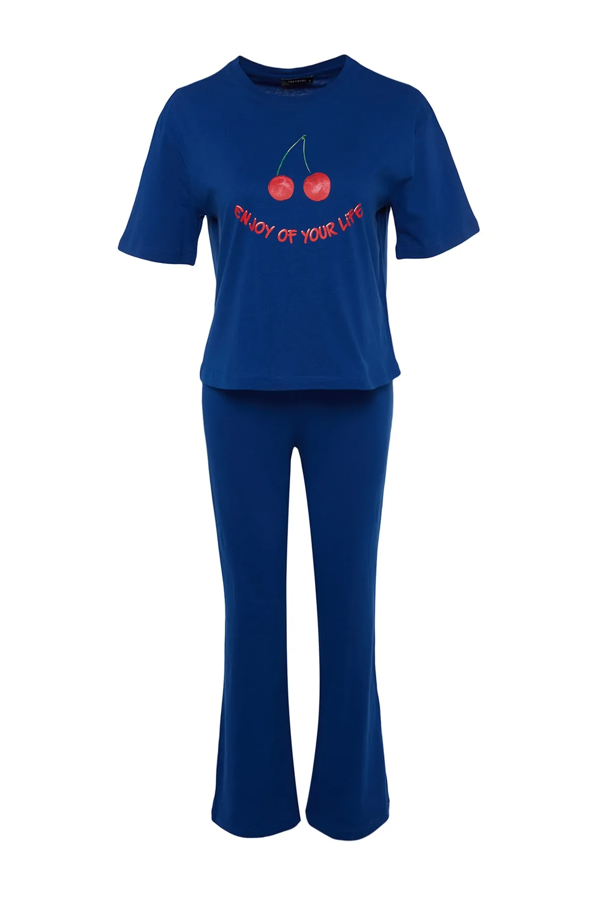 Trendyol Collection  Marineblaues Pyjama-Set aus T-Shirt und Hose aus 100 % Baumwolle mit Kirschen-Aufdruck THMSS23PT00134