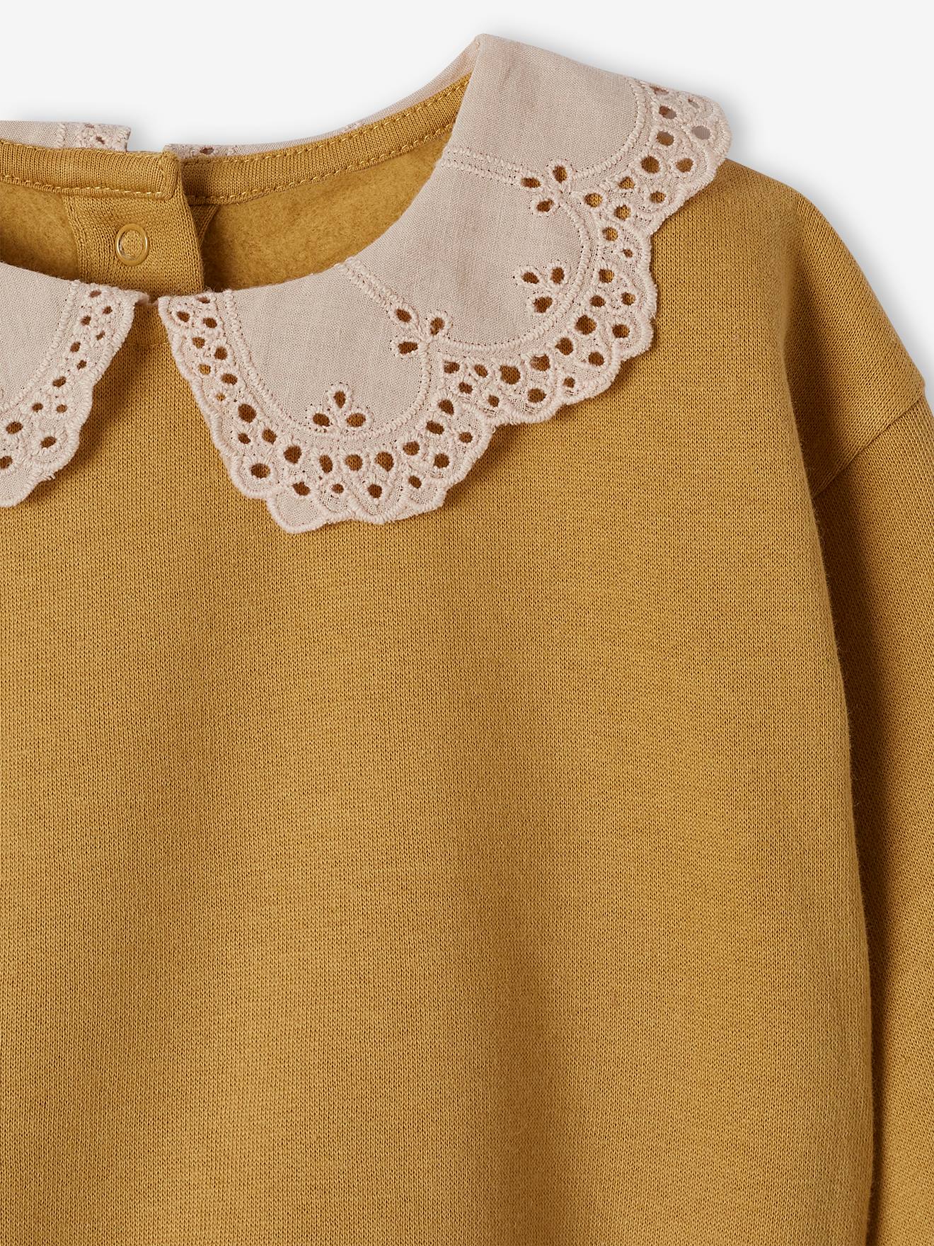 Sweat en molleton bébé col en broderie anglaise bois de rose