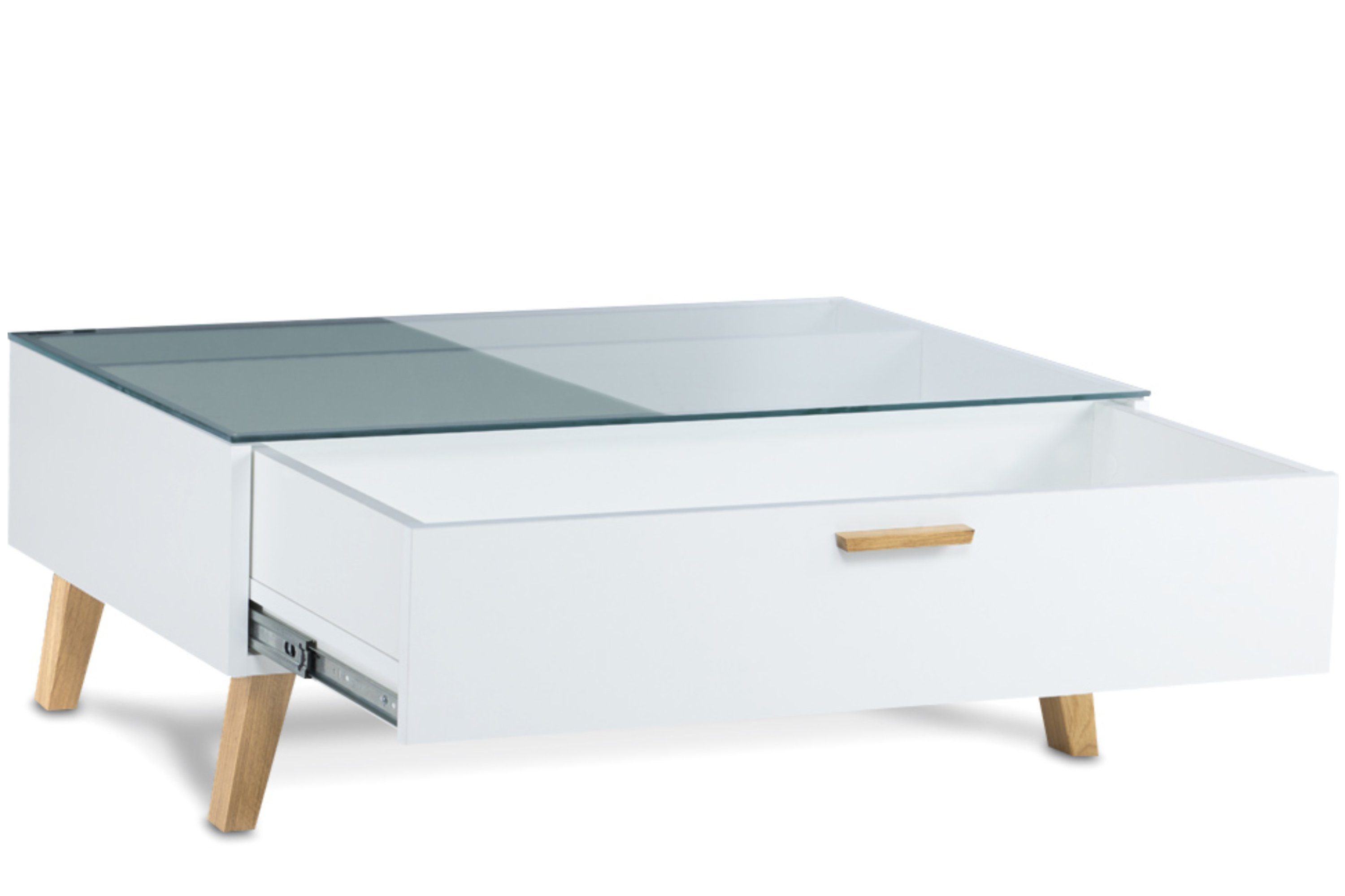 Konsimo Couchtisch FRISK Glastische Kaffeetisch Sofatisch, Glasplatte, Skandinavischer Stil, Höhe 35cm, Beine aus Buchenholz