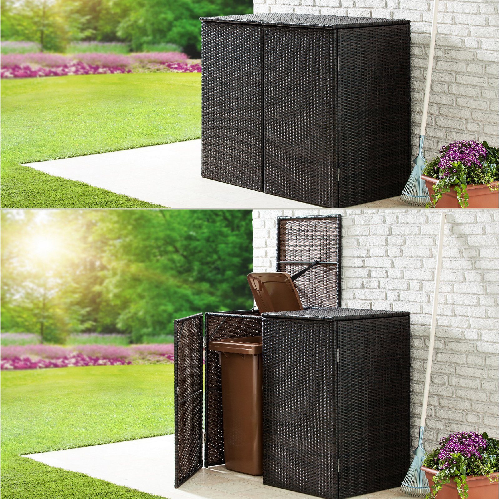 Green Yard Mülltonnenbox Mülltonnenabdeckung 2 Mülltonnen 111 x 65 x 104 cm Rattan-Optik (1 Stück, Mit Magnetverschluss), Deckel und Vorderseite zum Öffnen