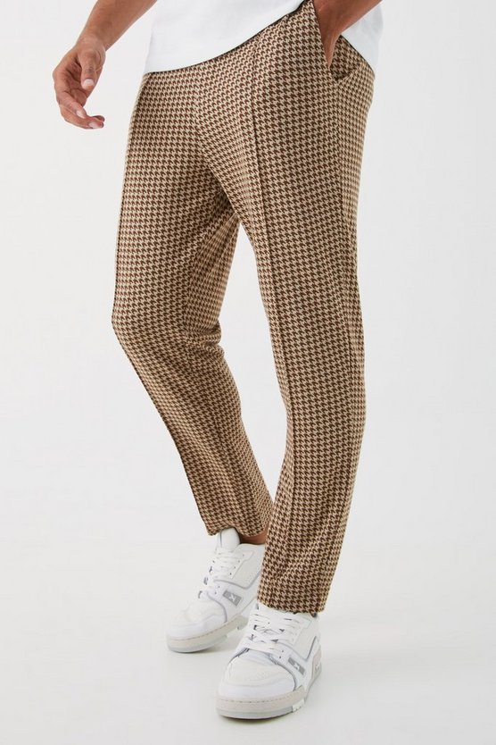 Schmale elastische Hose mit Hahnentritt-Print