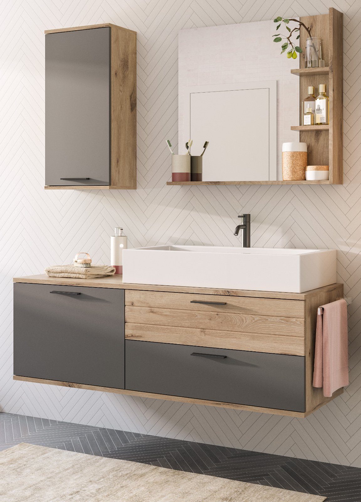 xonox.home Hängeschrank Mason (Badschrank grau und Nox Eiche, BxH 37 x 77 cm) Türanschlag wechselbar, mit Soft-Close