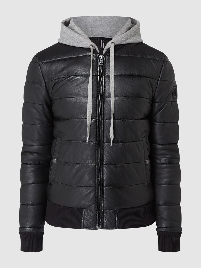 Normal Fit Lederjacke mit Kapuze in schwarz