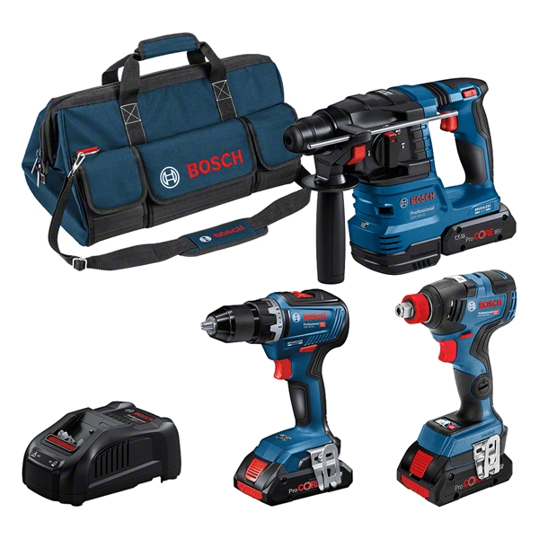 Kit di attrezzi Bosch Blue 0615A5003B 3 - Trapano a batteria GSR 18V-55 + Avvitatore a impulsi GDX 18V-200 + Martello perforatore GBH 18V-22 18V 4.0Ah agli ioni di litio in borsa