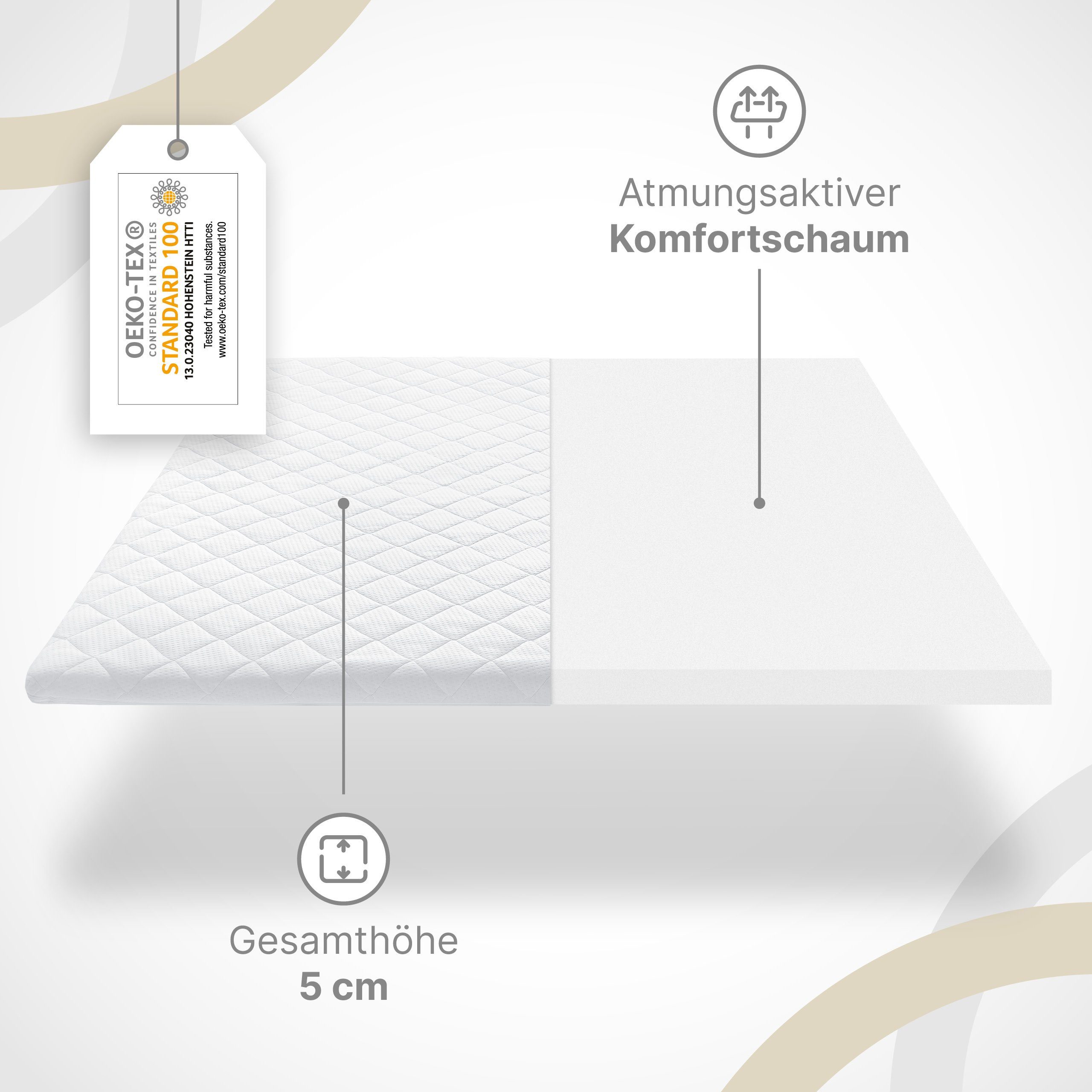 Topper Classic, wonello, 5 cm hoch, Komfortschaum, (für Bett und Boxspringbett), Made in Germany, bequemer Matratzentopper 80x200cm, waschbar bei 60°C