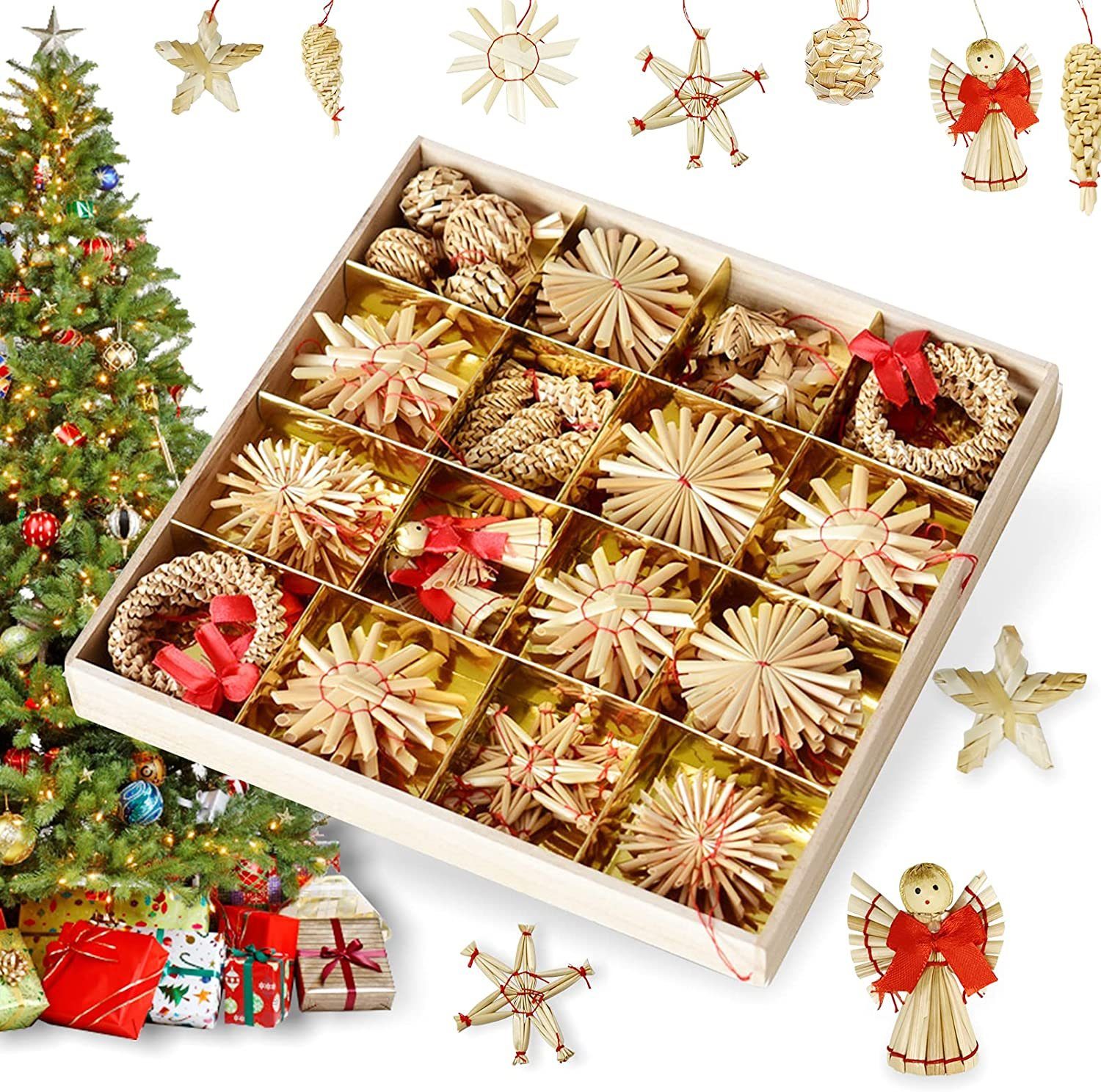 TAN.TOMI Christbaumschmuck Strohsterne Christbaumschmuck,56-teiliges Strohsterne Weihnachtsbaumschmuck aus Stroh, Natürlicher Christbaum-Behang, bis zu 6,5 cm große Sterne Herzen Engel, Natürlicher Umweltschutz, handgefertigt